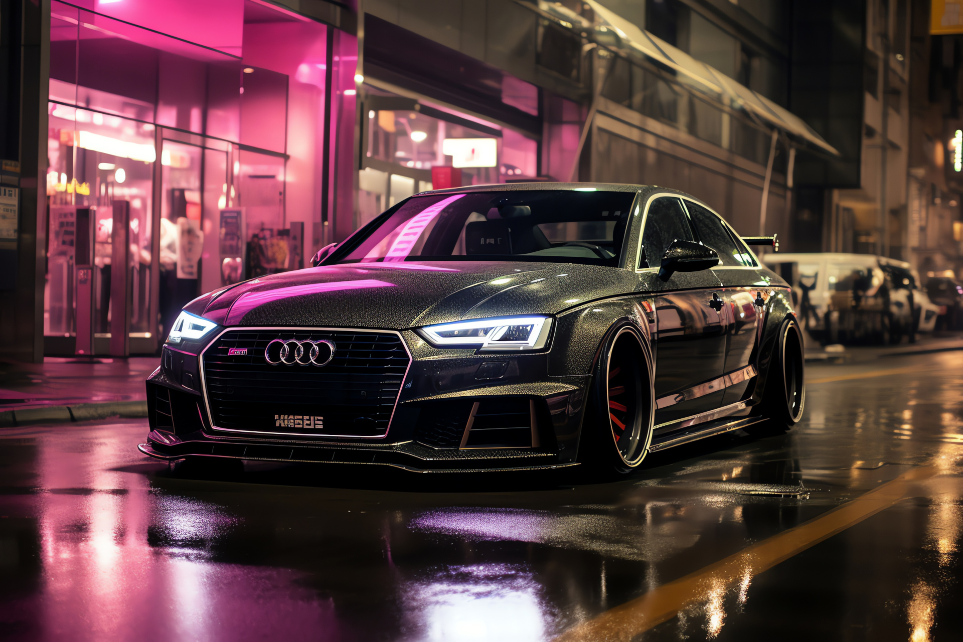 Audi A4, Stanced vehicle, custom rims, rain-glistened, nocturnal streets, HD Desktop Wallpaper