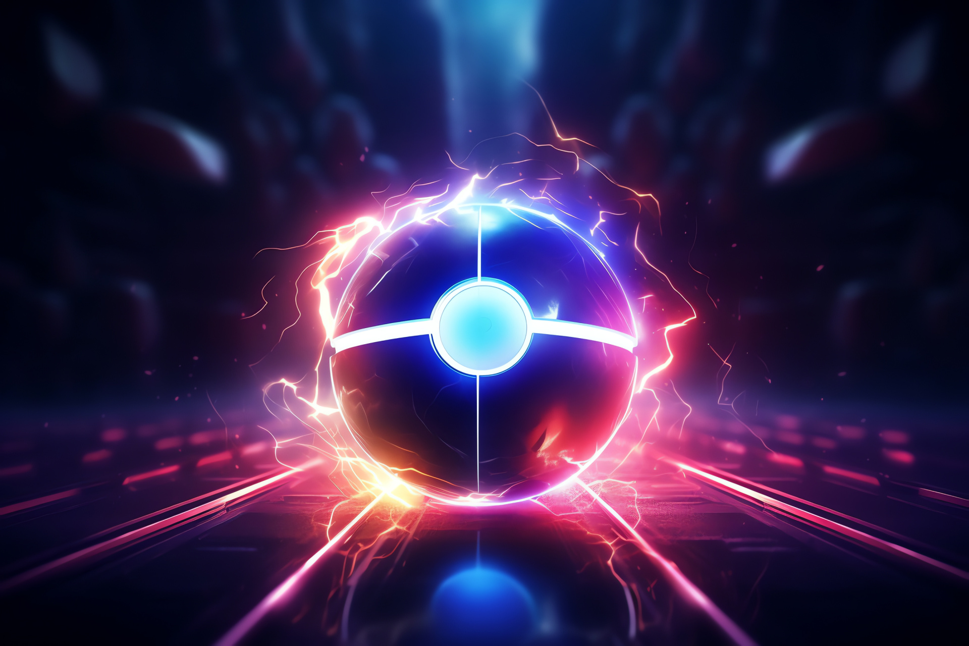 Pokeball device, neon illumination, chromatic lines, aerial suspension, pattern complexity, HD Desktop Wallpaper