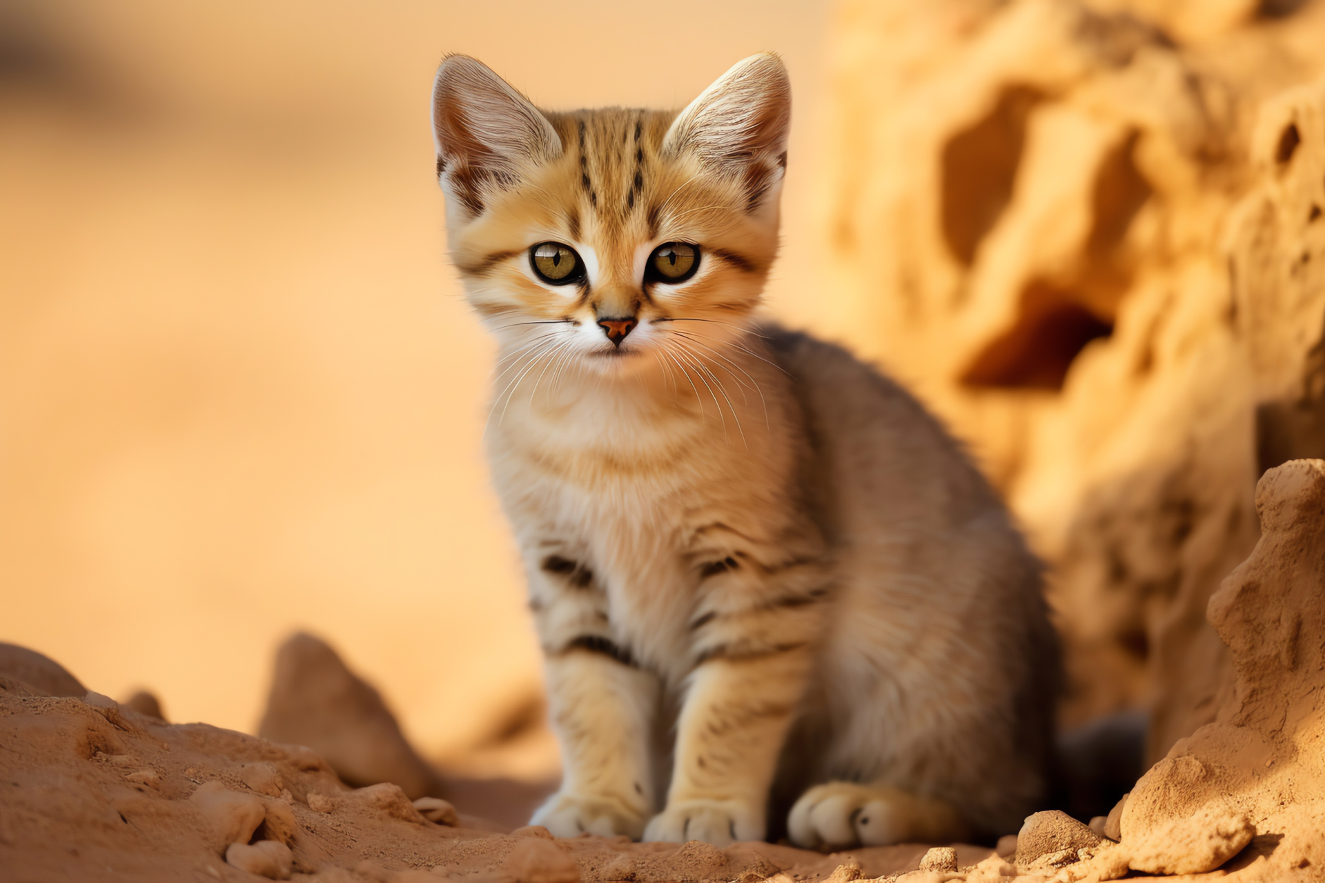 Felis margarita, Predator nocturnal eyes, Arid habitat coat, Subtle feline lines, Speckled desert animal, HD Desktop Wallpaper