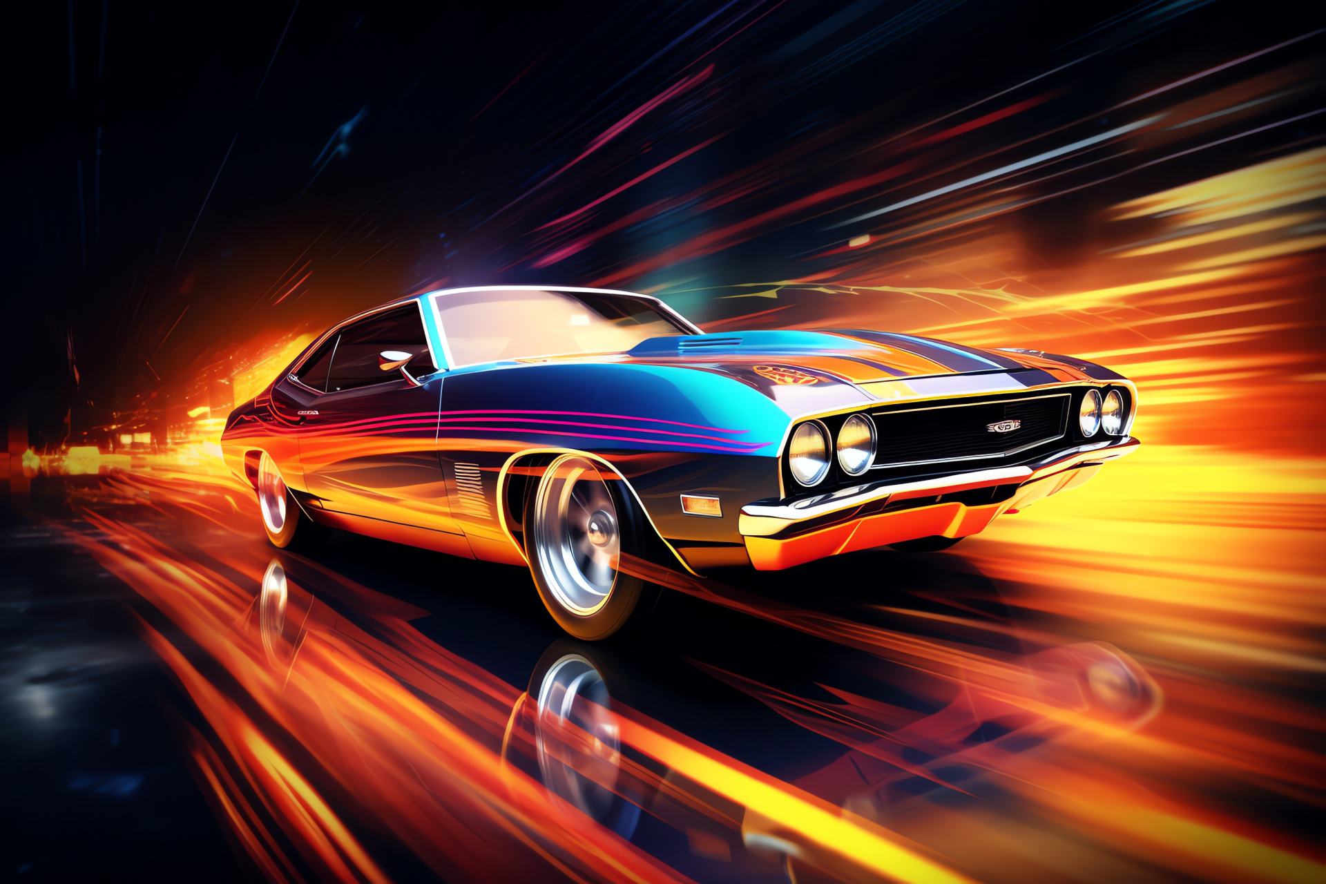 Muscle car presence, Dynamic lines backdrop, High-contrast imagery, Automotive excitement, Striking luminescence, HD Desktop Image