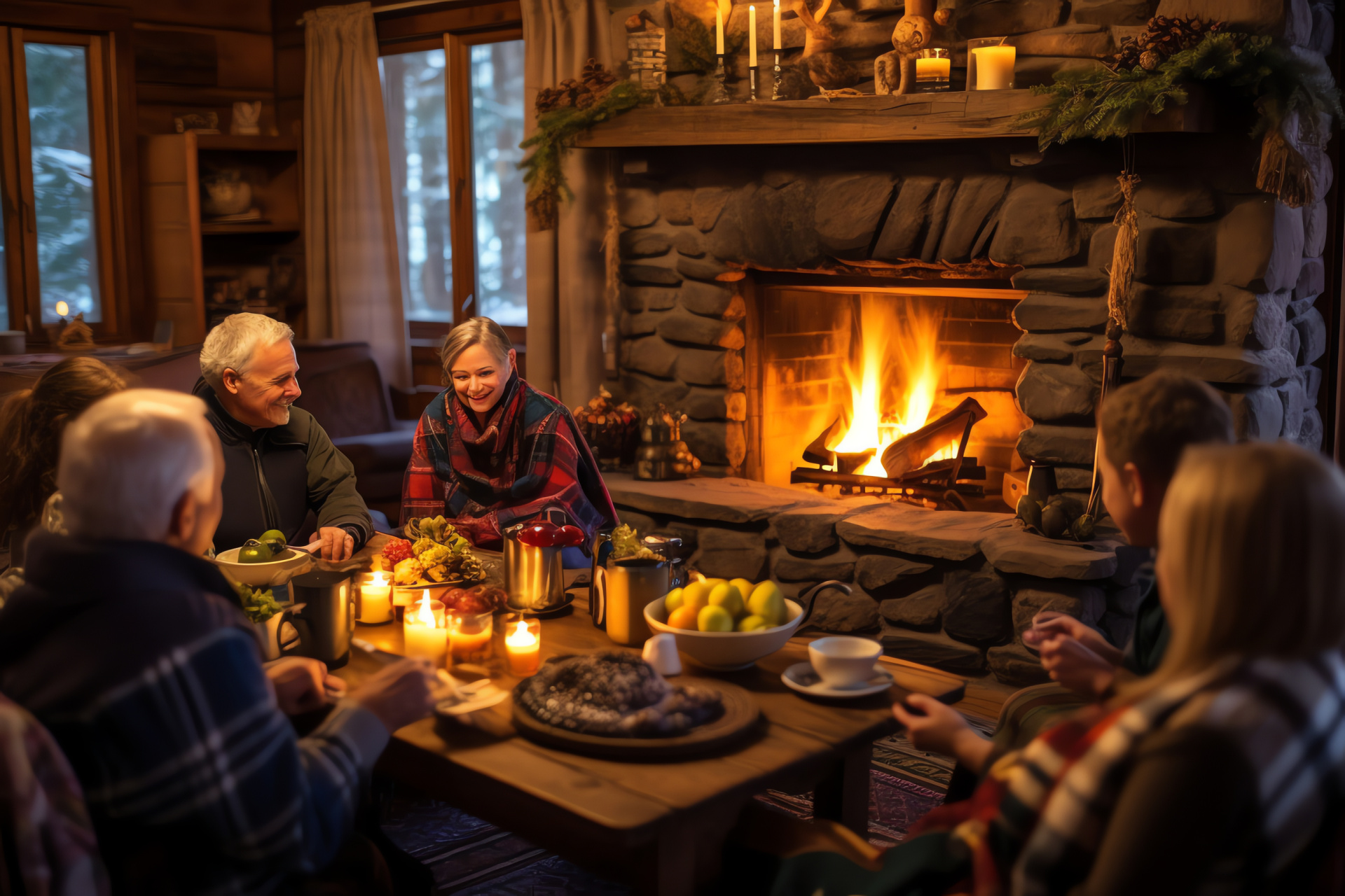 Thanksgiving ambient scene, Wooden cabin retreat, Cozy fireplace setting, Traditional warmth, Homespun textiles, HD Desktop Wallpaper