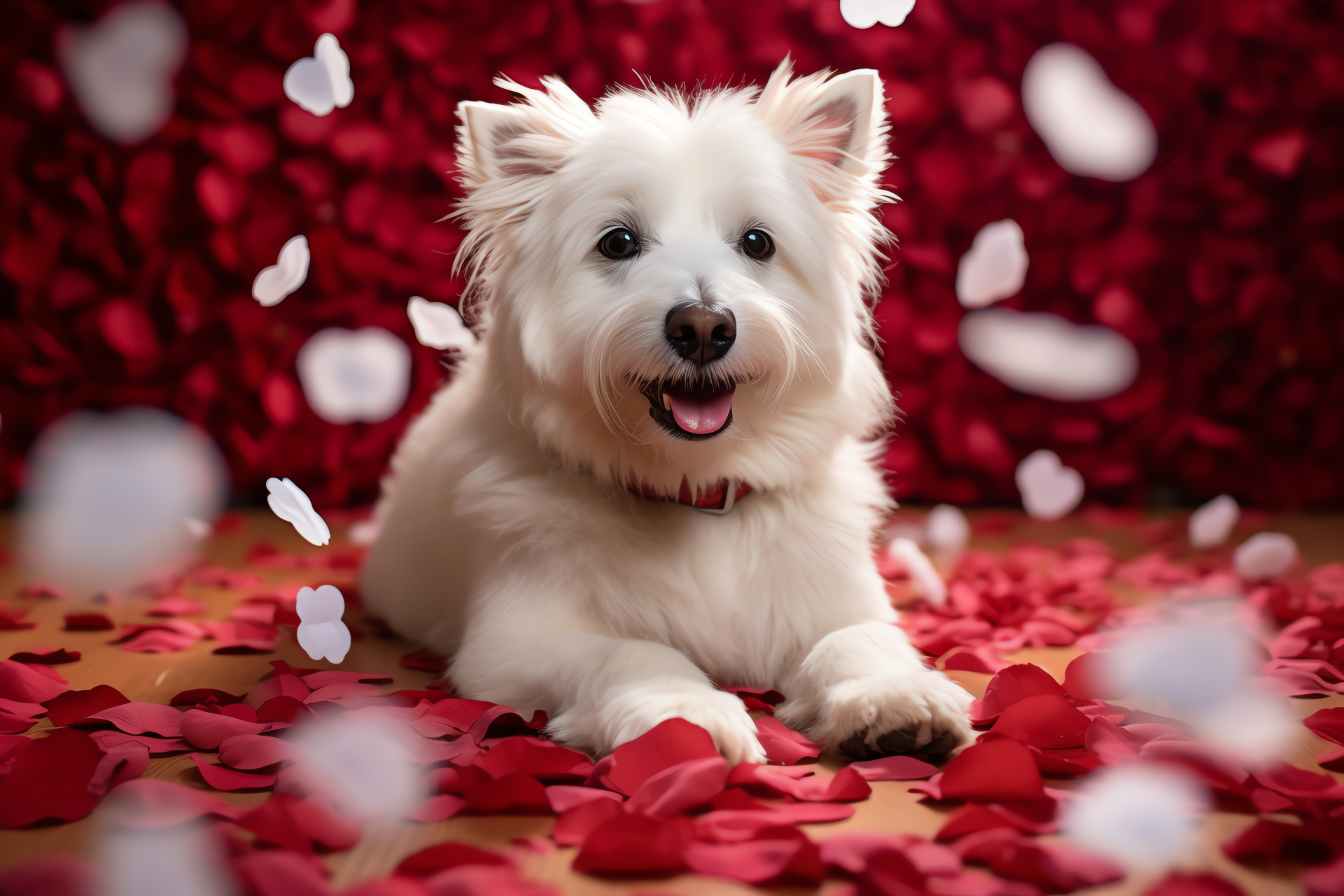 Canine Valentine mascot, Snow-white coat, Adorable pet, Floral surroundings, Joyful demeanor, HD Desktop Image