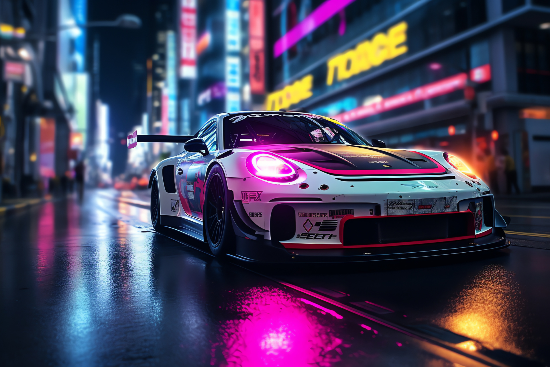 Porsche GT3 Clubsport, Angular Tokyo glimpse, Shibuya street flash, Electric city night, HD Desktop Image