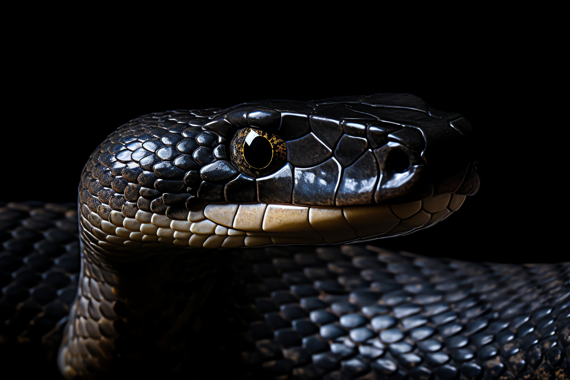 Cobra, snake raising hood, reptile striking patterns, pure black backdrop, serpent intimidating look, HD Desktop Image