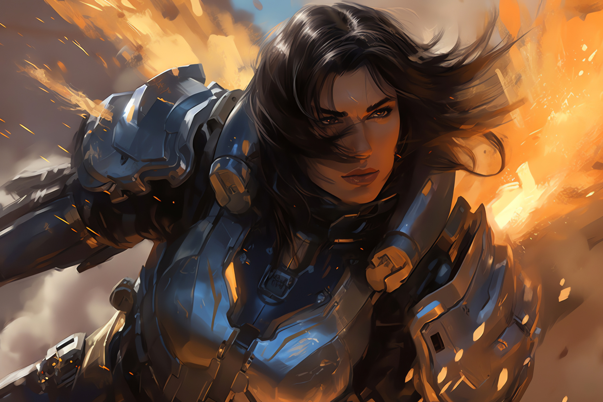 Pharah gameplay mechanics, Overwatch firepower, Heroic skies fighter, Armor design, Action game character, HD Desktop Image