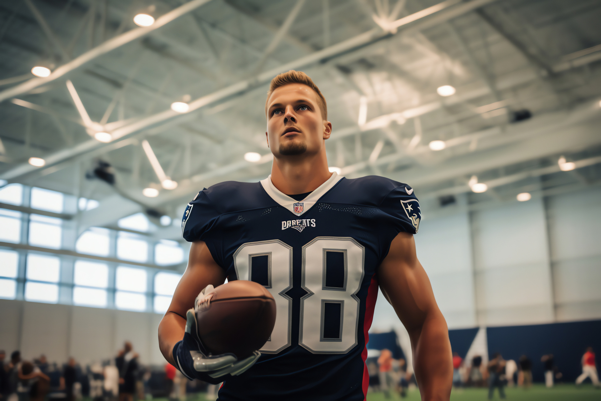 Rob Gronkowski, New England Patriots tight end, training action, critical reception, dynamic athlete poise, HD Desktop Image