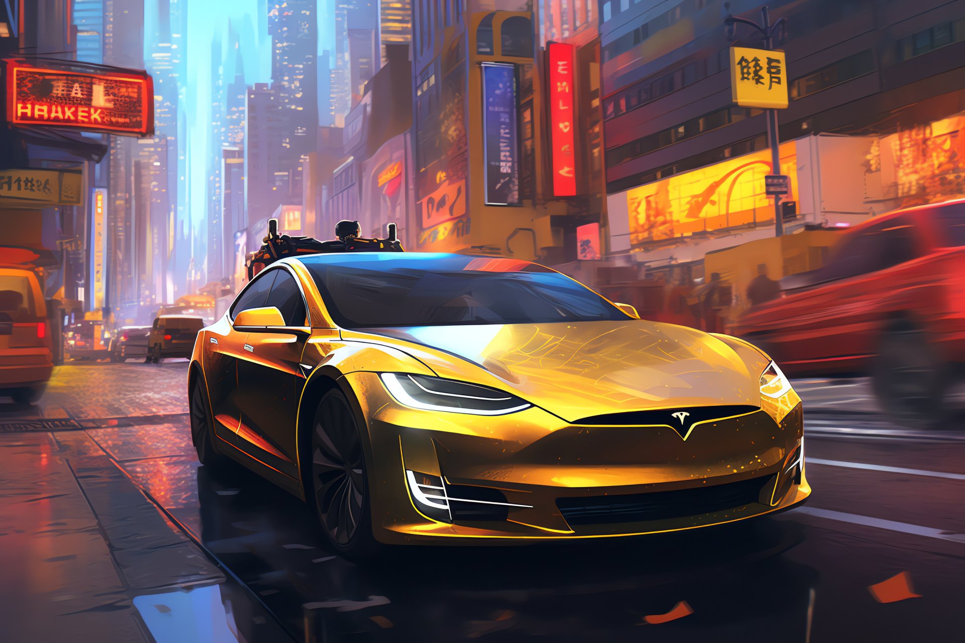 Tesla Model H concept, Urban electric vehicle, Streetscape venue, Bright vehicle tone, HD Desktop Wallpaper