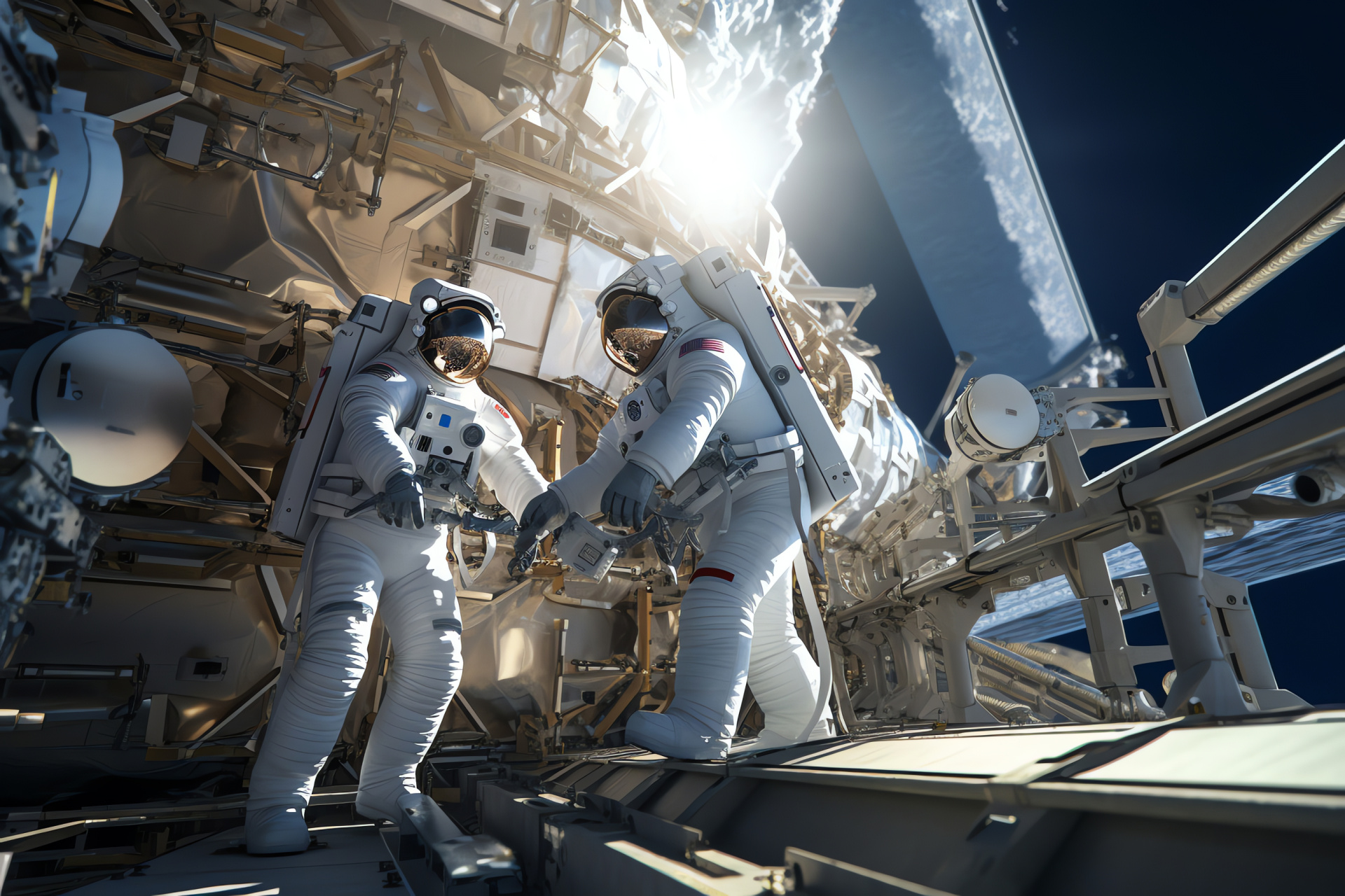 Astronautical maintenance tasks, Spacesuit equipped team, Space-based equipment, Zero gravity operation, Celestial repair work, HD Desktop Image