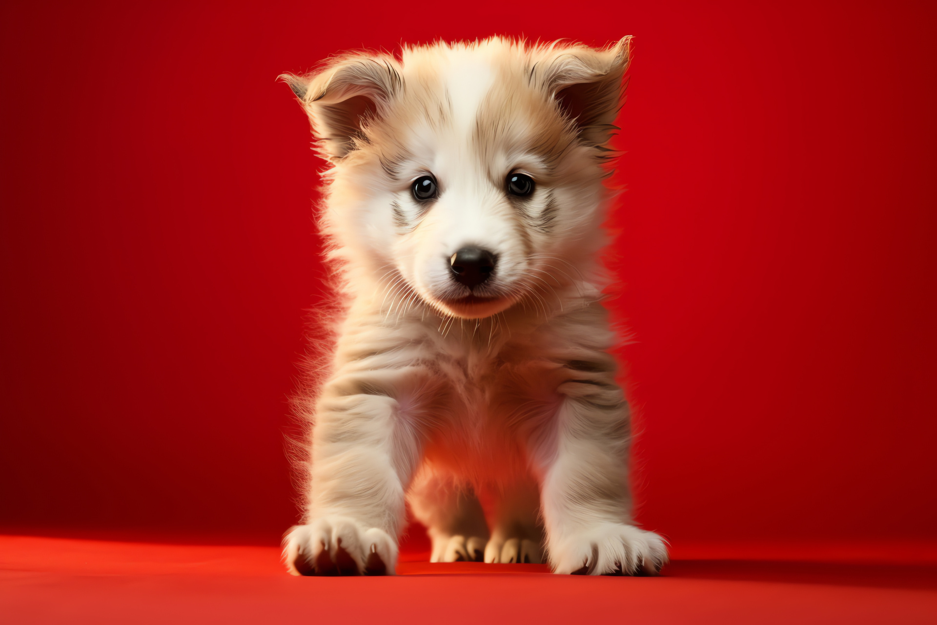 Canine paw impression, Young puppy stance, Fluffy canine coat, Red ambiance, Pet innocence, HD Desktop Image