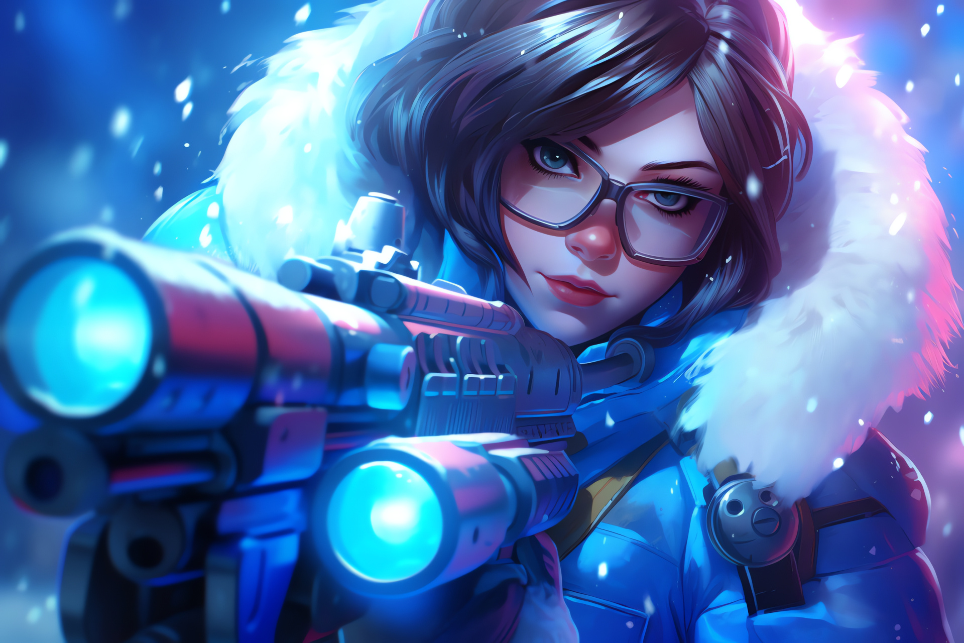 Overwatch Mei, Tri-color background, Glacial gaze, Weapon portrayal, Digital art design, HD Desktop Image