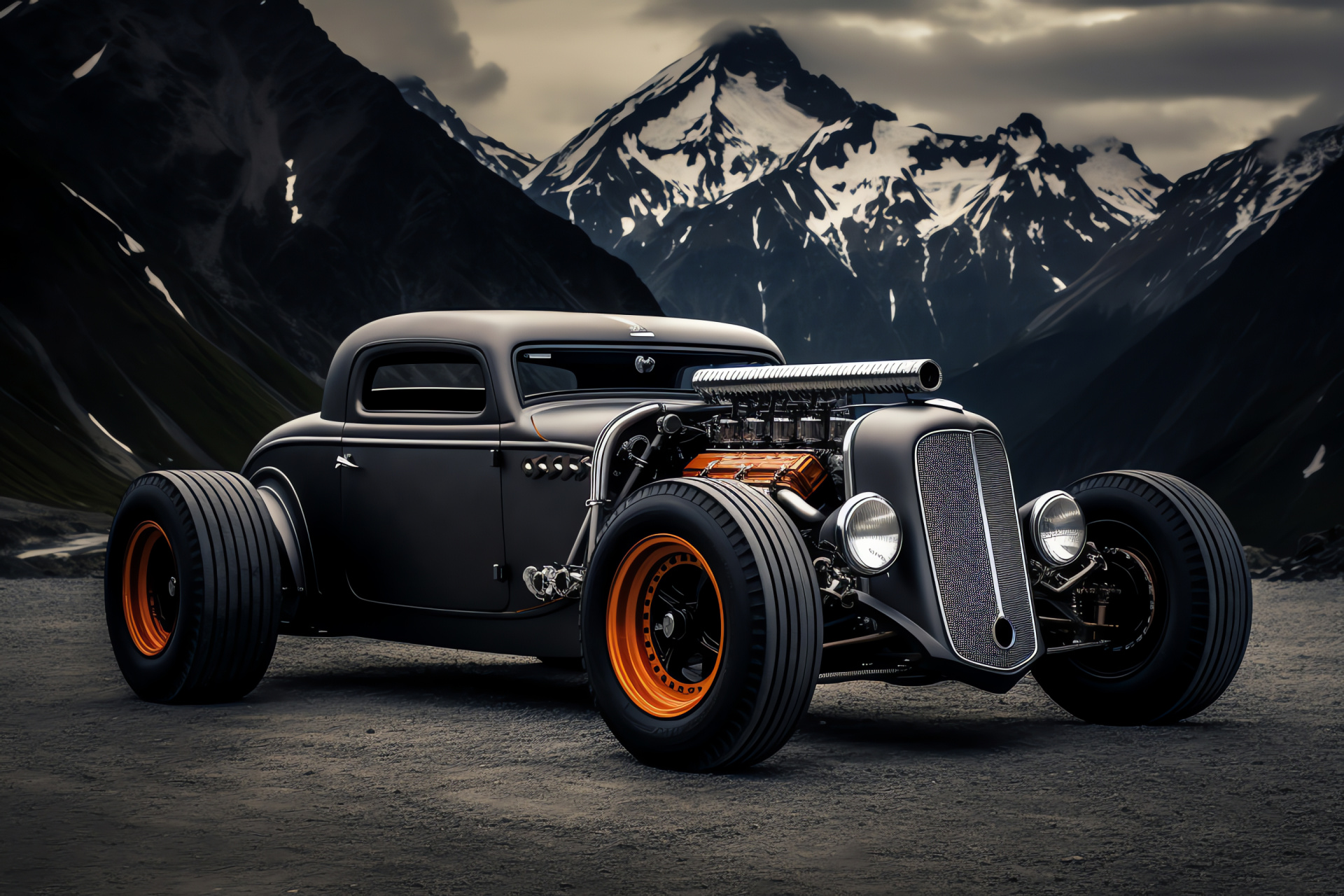 Rat Rod build, Swiss mountain roads, Shimmering metal body, Competitive look, Performance suspension engineering, HD Desktop Image