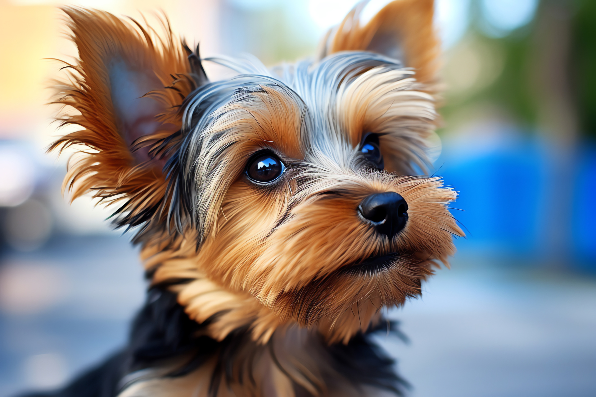 Yorkshire Terrier visage, Puppy charm, Intimate pet portrait, Bright-eyed animal, Bi-color fur, HD Desktop Image