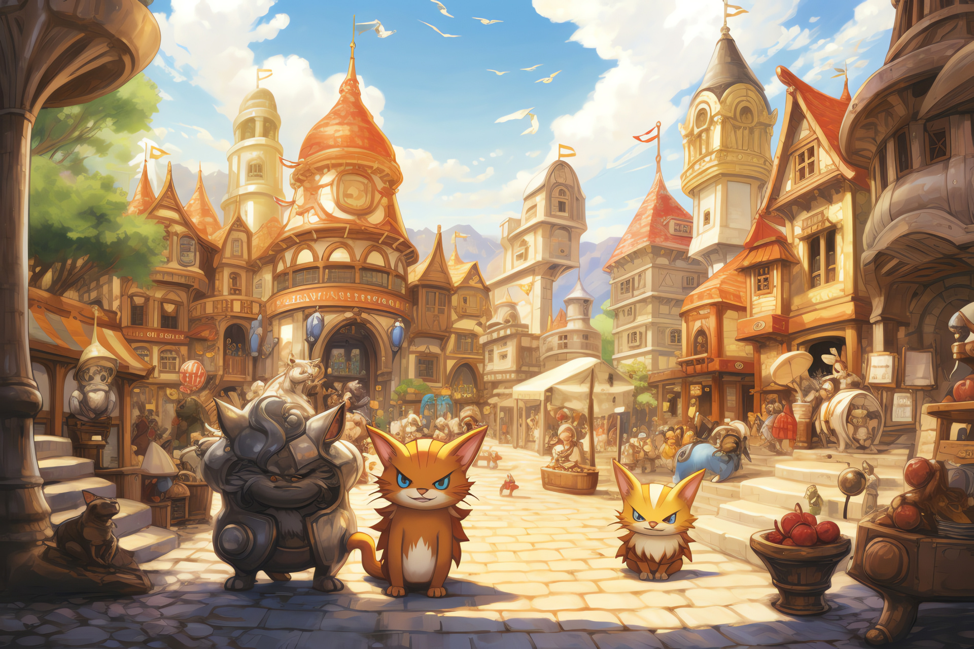 Treasure Town Mystery Dungeon, Meowth ally, Pokemon partnership, Chimecho bell, Bidoof character, HD Desktop Wallpaper