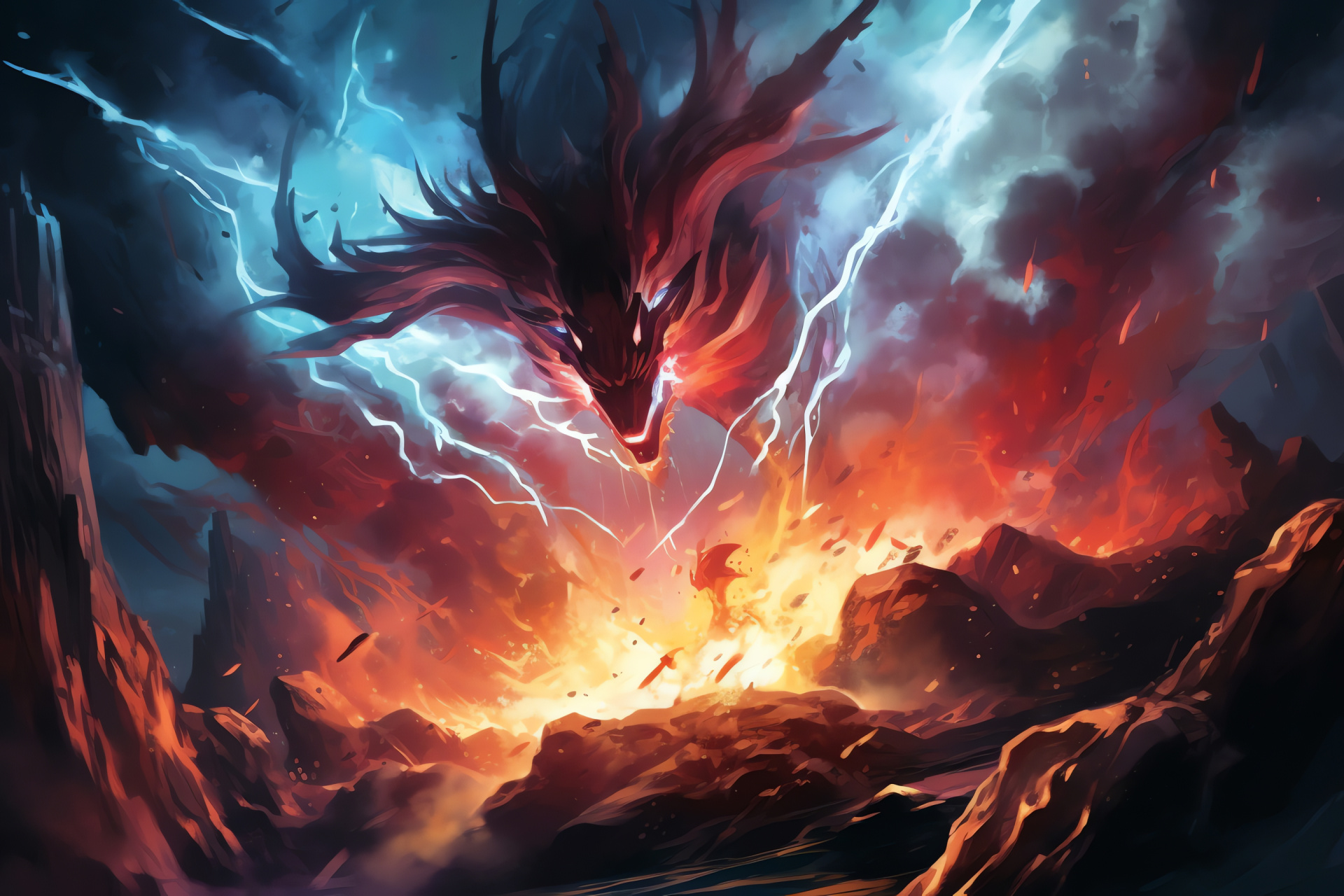 Mega Blaziken, gaming avatar, climactic battle, rocky terrain, dynamic aura, HD Desktop Wallpaper