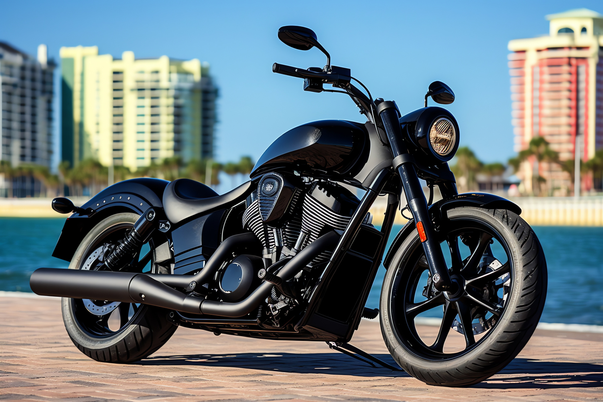 Victory Vegas 8-Ball cruiser, Daytona Beach locale, High-powered motorcycle, Custom black exhaust, Florida bike scene, HD Desktop Image