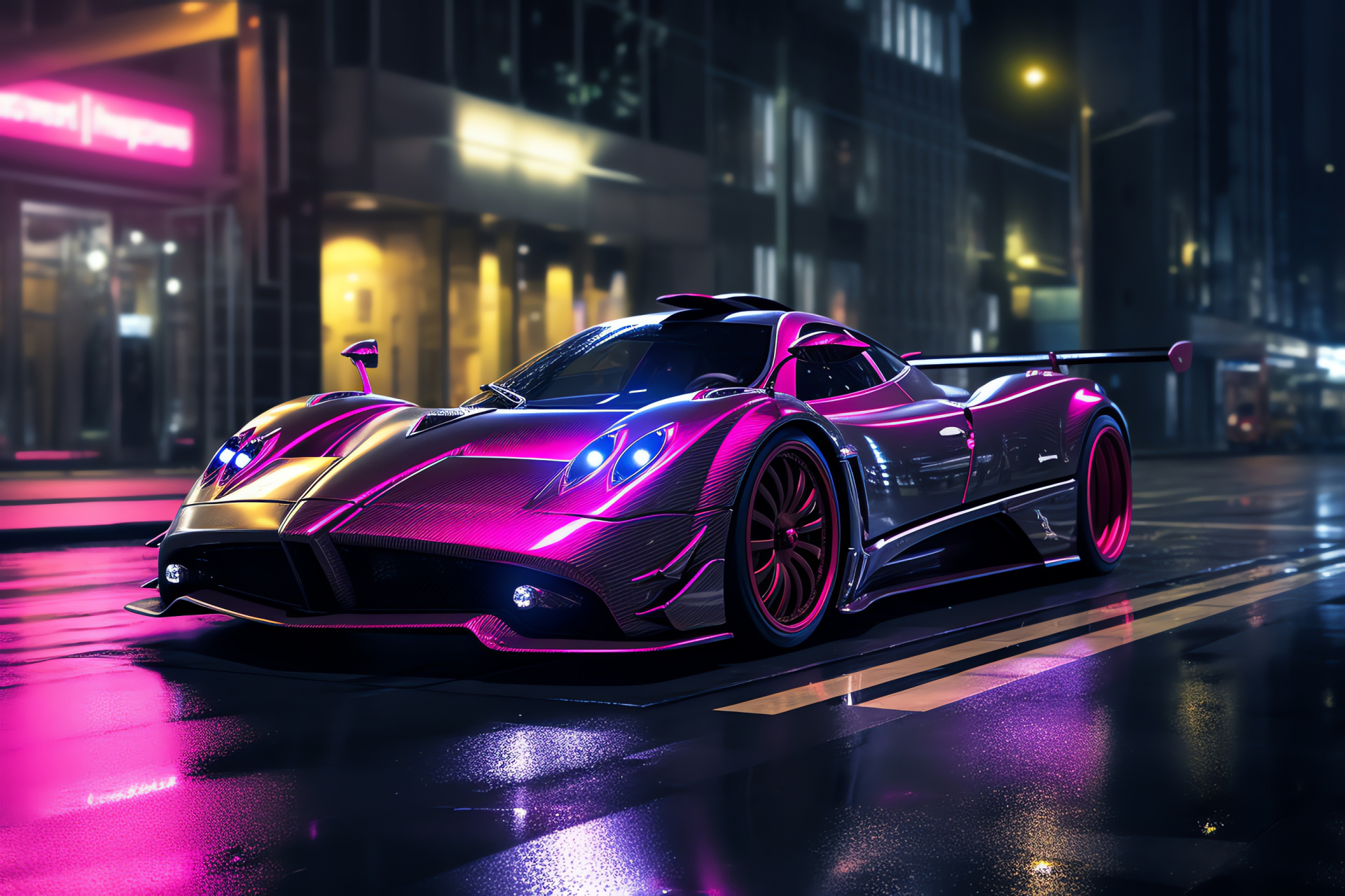 Pagani Zonda F, Urban journey, Nocturnal adventure, Illuminated excellence, Sleek lines, HD Desktop Wallpaper