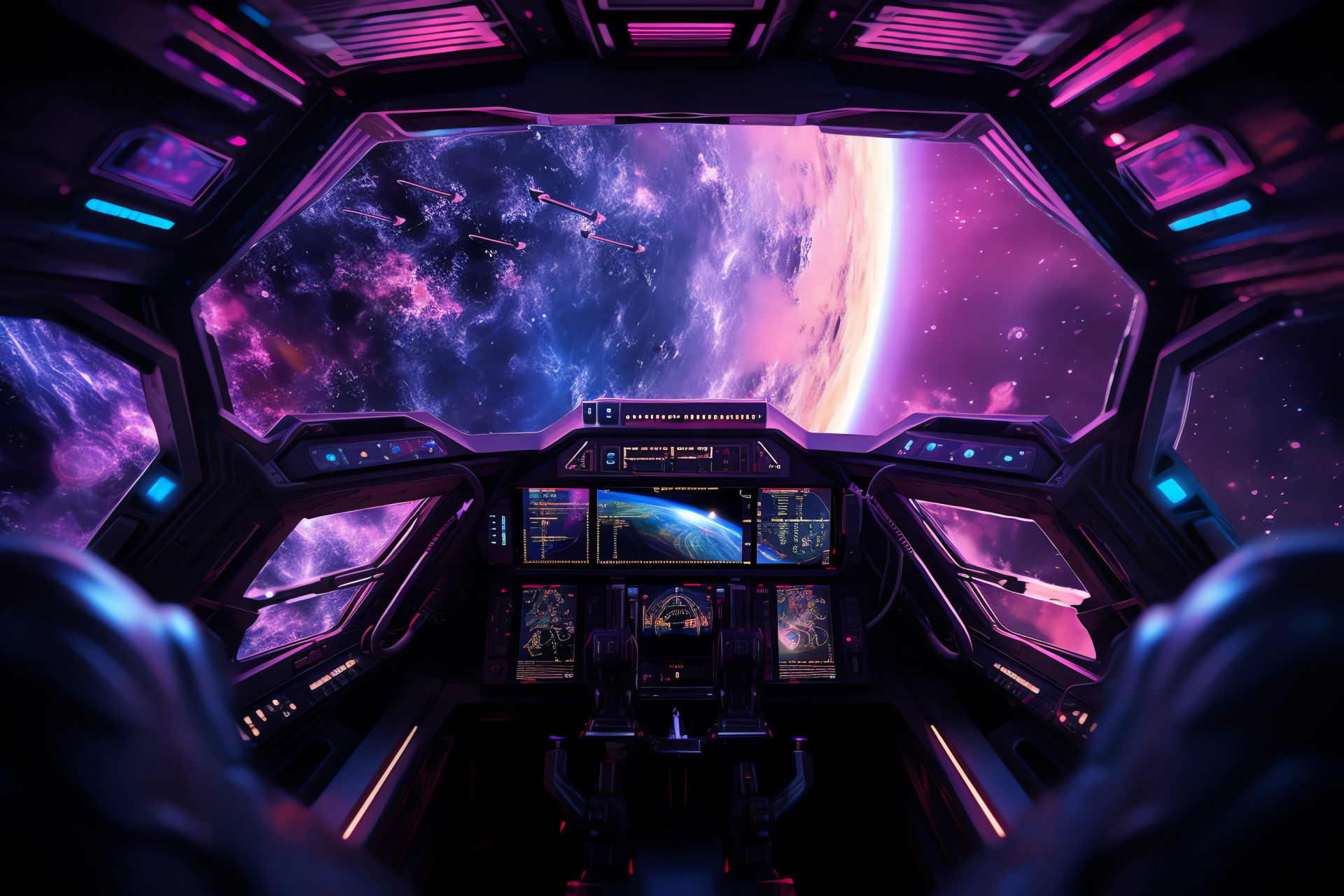 Spaceship cockpit, spacecraft controls, celestial navigation, interstellar travel, galactic exploration, HD Desktop Wallpaper