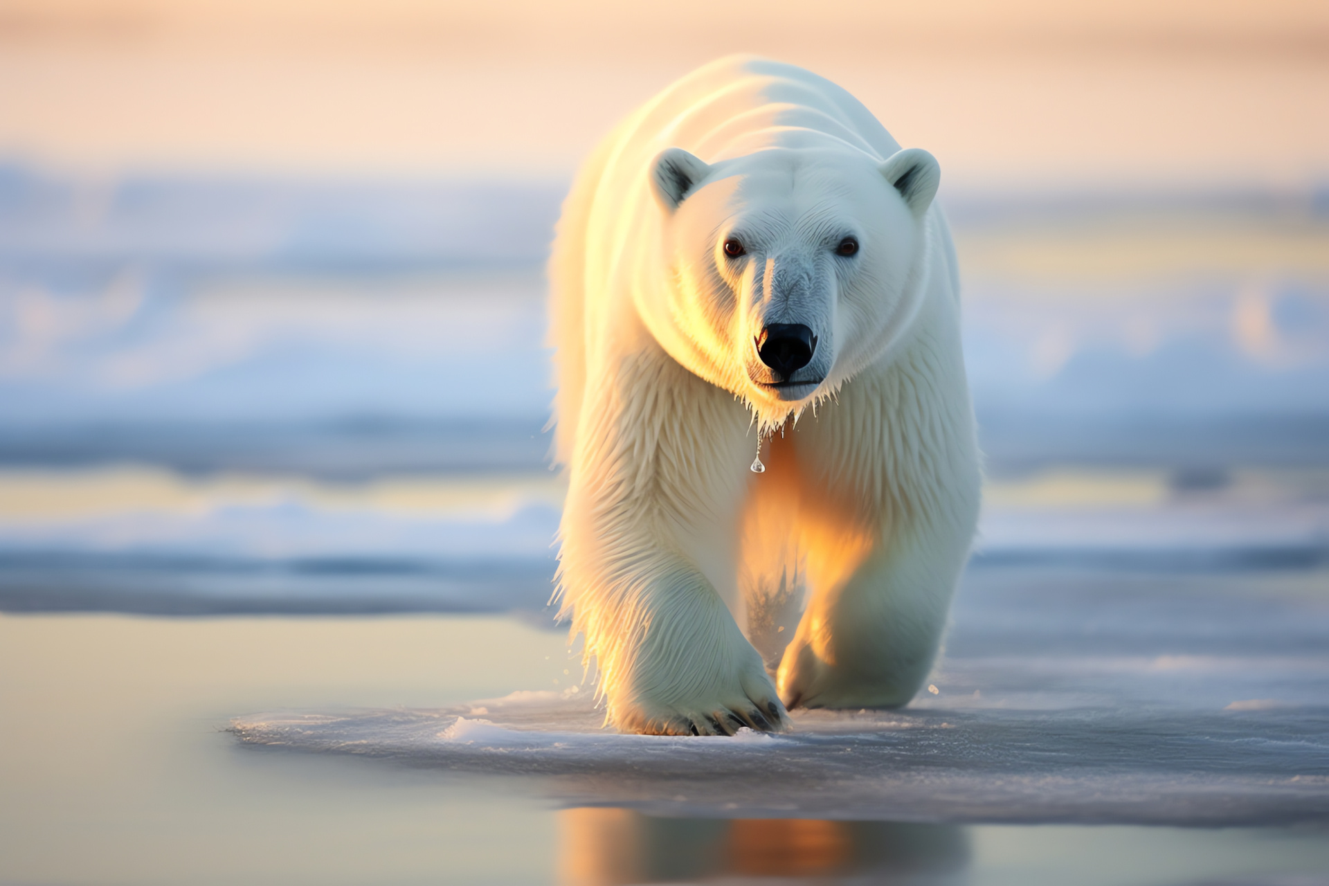 White Polar Bear, Arctic survival, Russian polar domain, Icy lake backdrop, Fluffy fur detail, HD Desktop Image