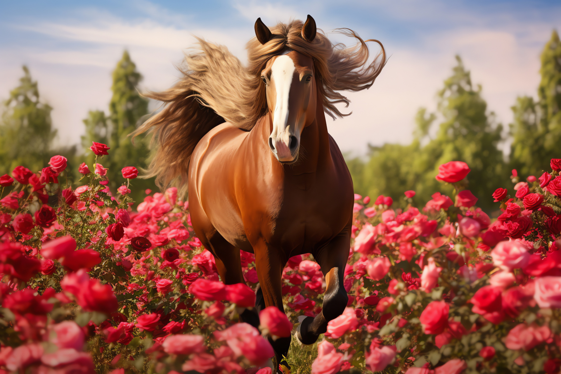 Valentine themed horse, Equestrian grace, Romantic roses, Blossoming flora, Equine beauty, HD Desktop Image