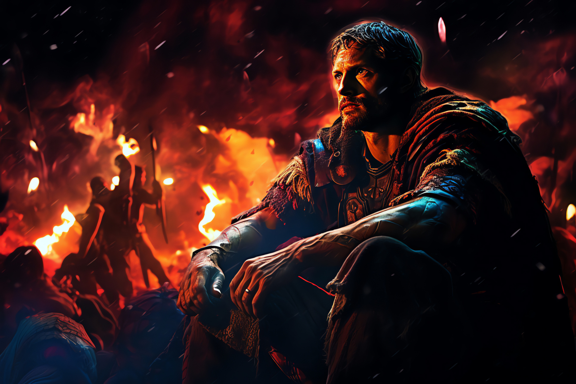 Spartacus storyline, Gladiator rebellion, Nighttime encampment scene, Star-filled sky, Warrior's rest, HD Desktop Image