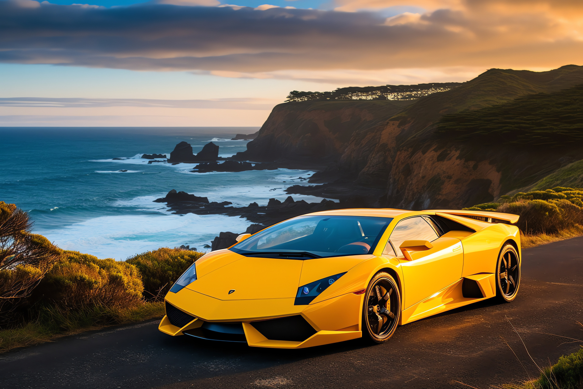 Murcielago on Great Ocean Road, Vibrant yellow Lamborghini, Coastal road driving, Iconic Australian cliffs, Luxurious sports car touring, HD Desktop Image