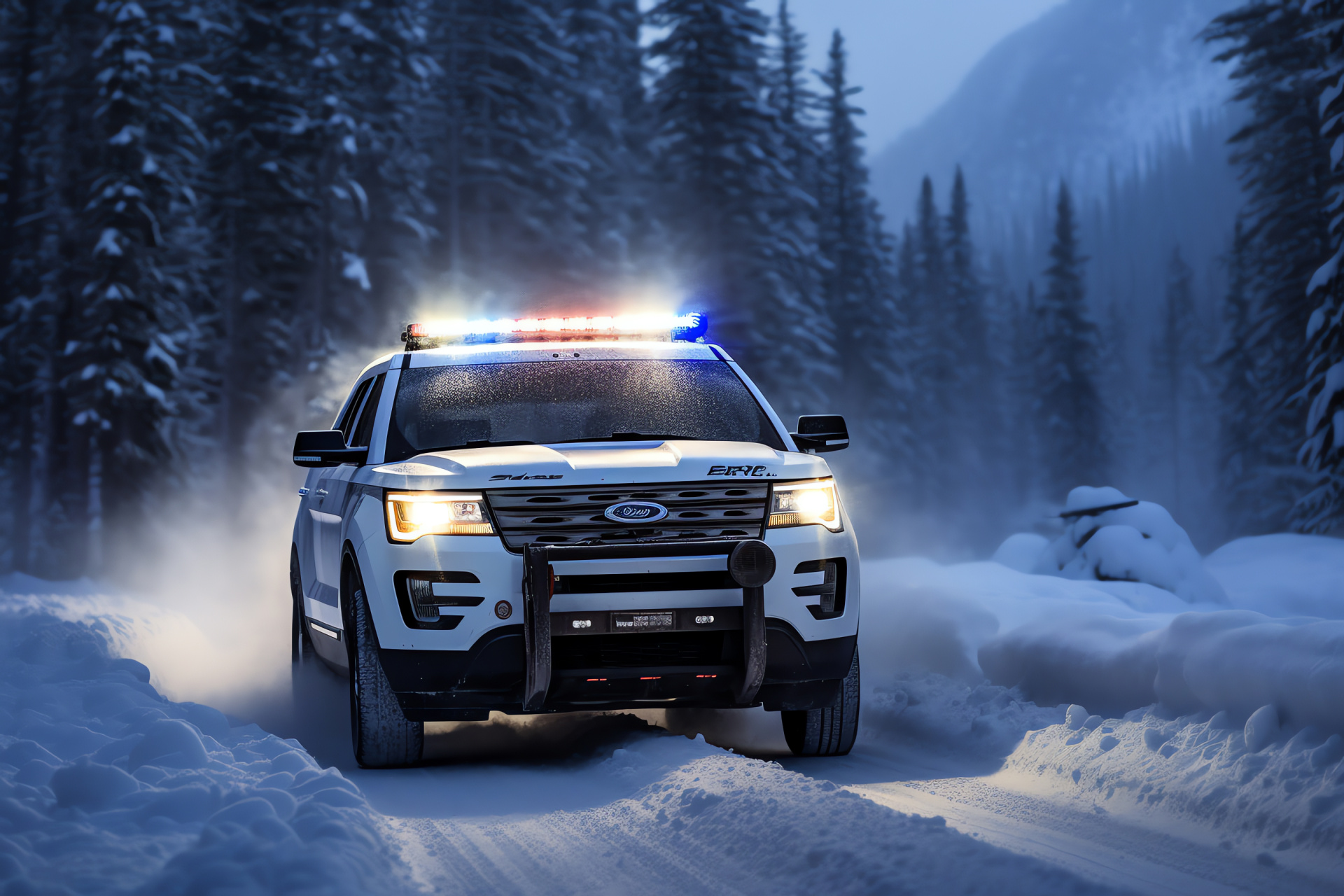 Police SUV, mountain patrol vehicle, winter conditions, emergency illumination, rugged tires, HD Desktop Wallpaper