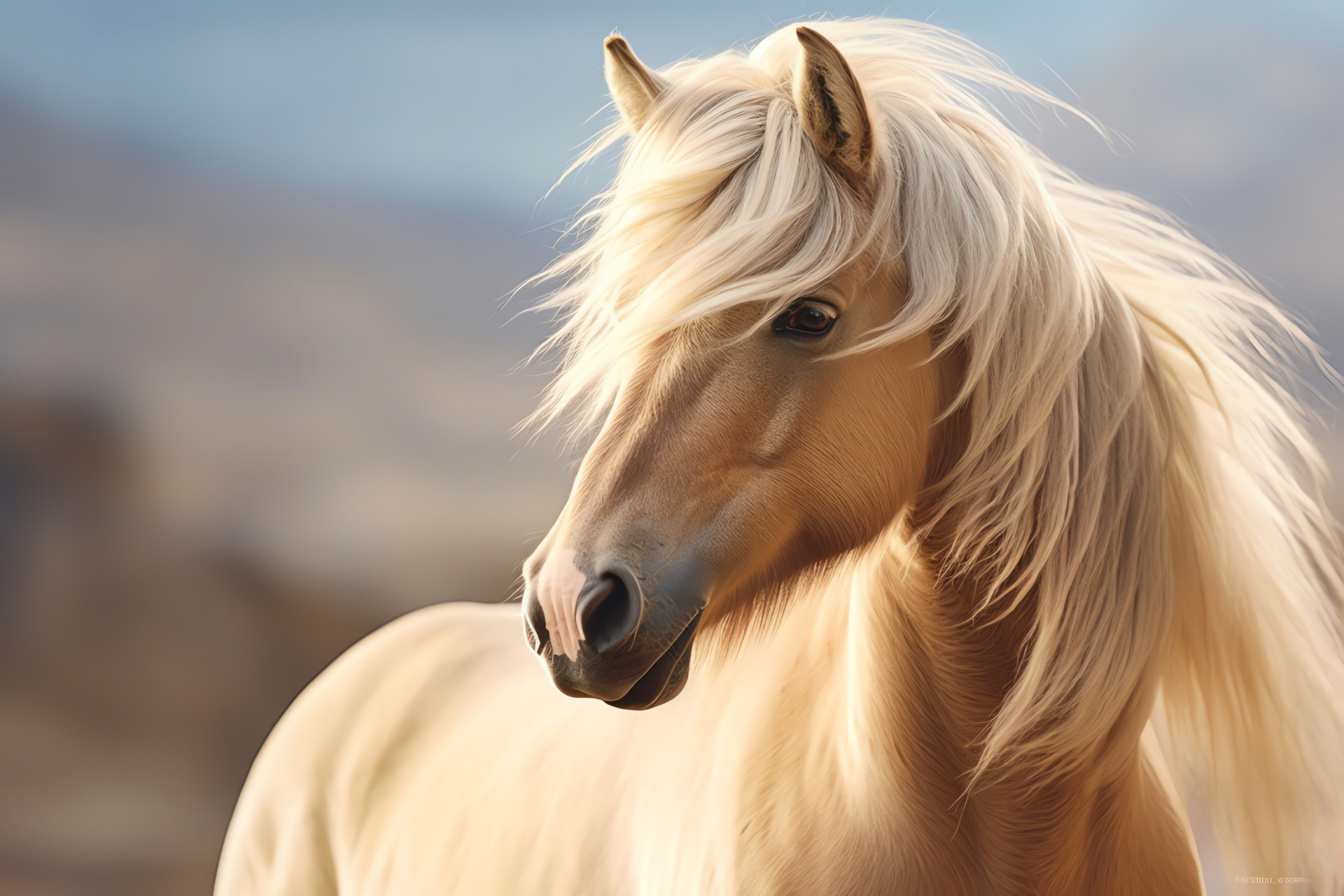 Miniature Pony, Equine cream coat, Glistening mane, Equestrian close-up, Tricolored environment, HD Desktop Image