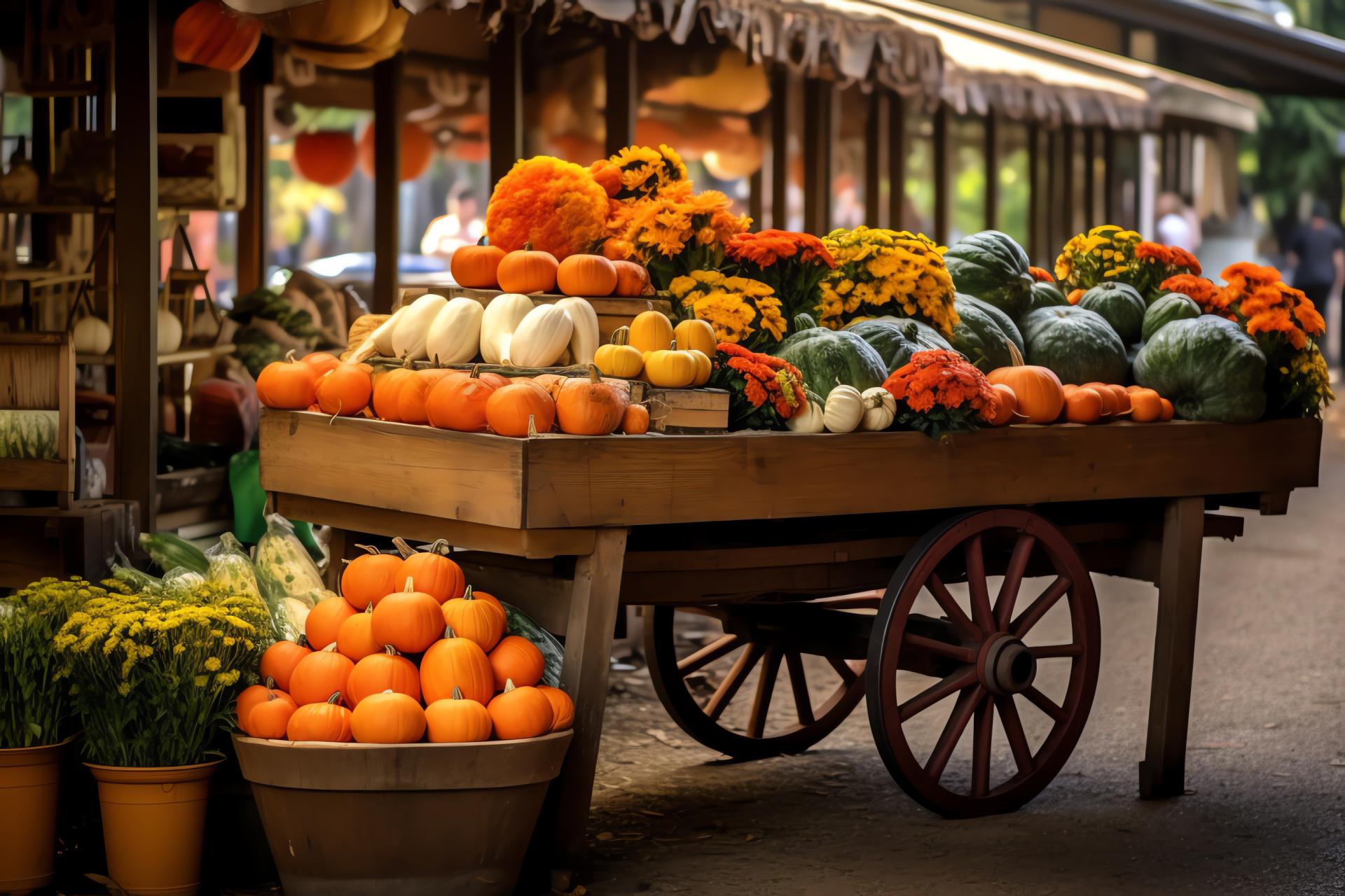 Marketplace pumpkin, culinary staple, open-air stall, salesperson, rustic transport, HD Desktop Image