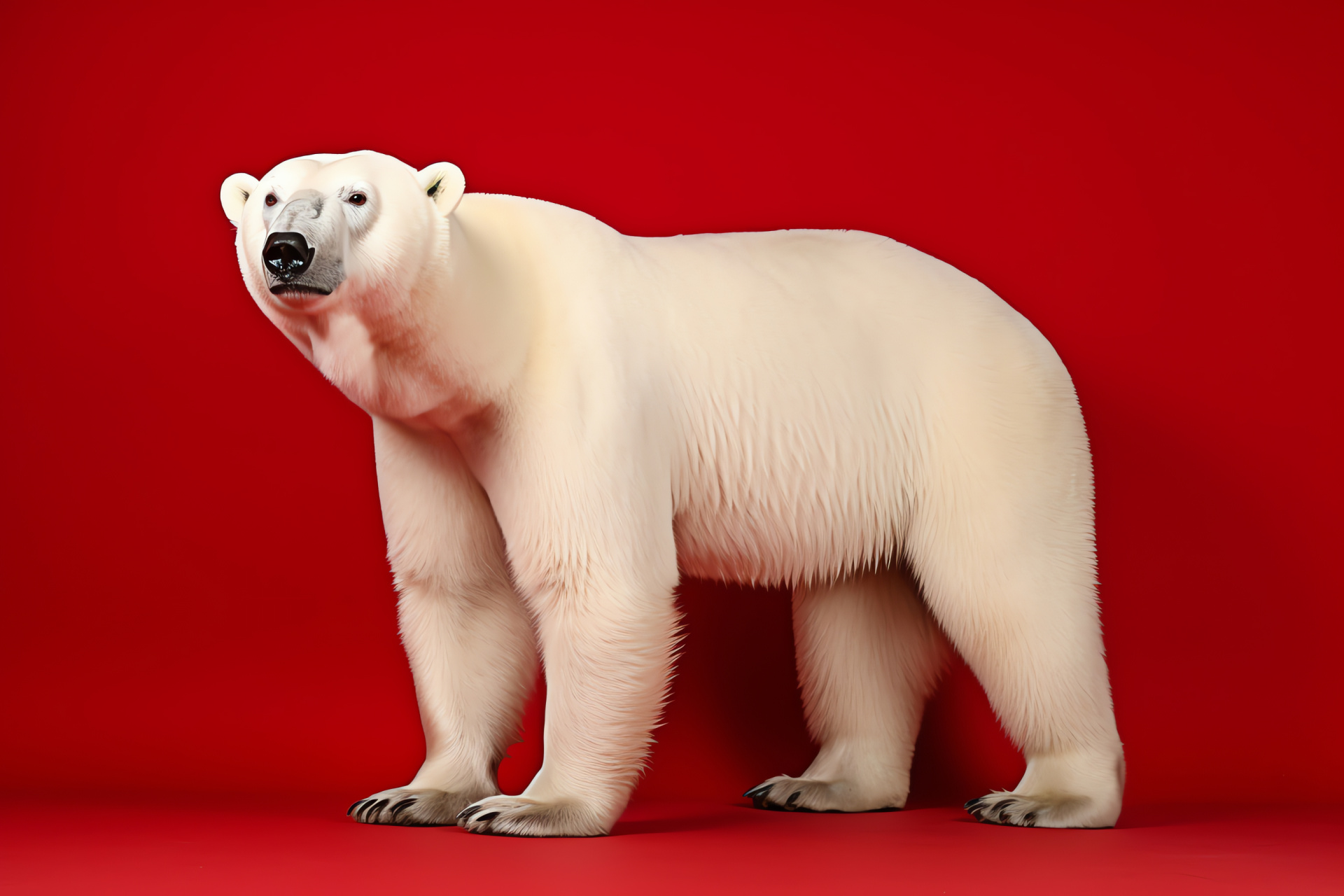 Polar Bear in captivity, white arctic fur, full-length bear, red background isolation, HD Desktop Wallpaper