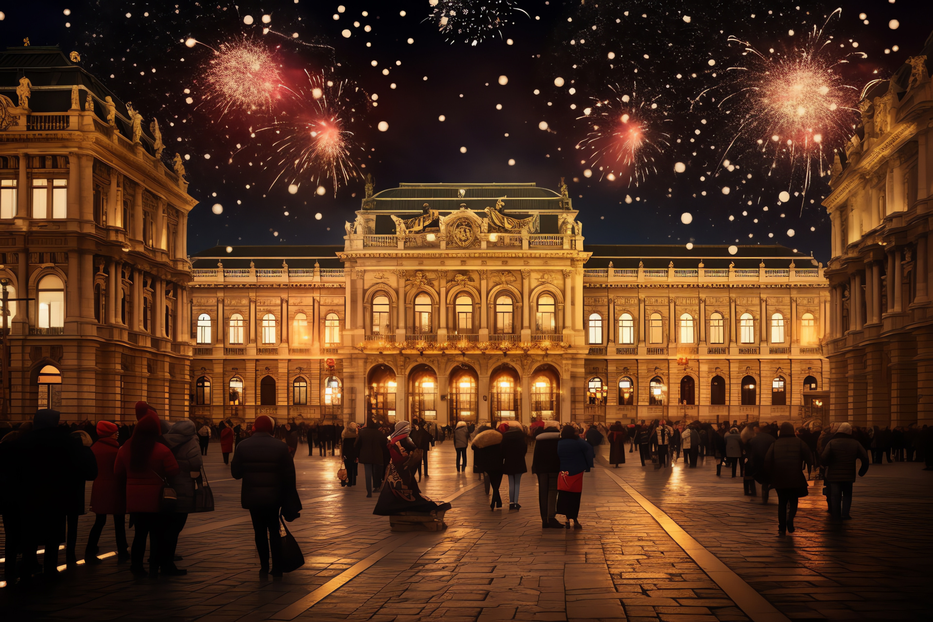 Vienna, New Year's fireworks, Hofburg silhouettes, St. Stephen's glow, Austrian event, HD Desktop Wallpaper