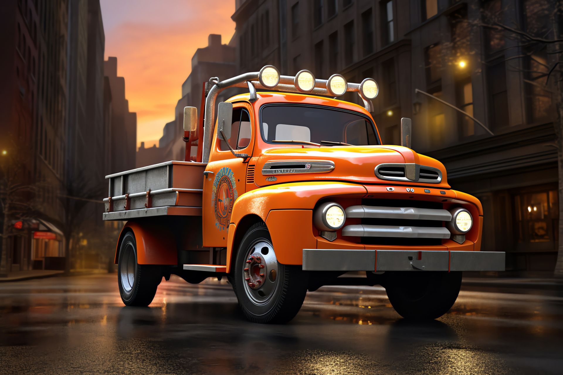 Roadside Ford truck, City skyline backdrop, Utility towing vehicle, Tangerine paint job, Emergency lighting, HD Desktop Wallpaper