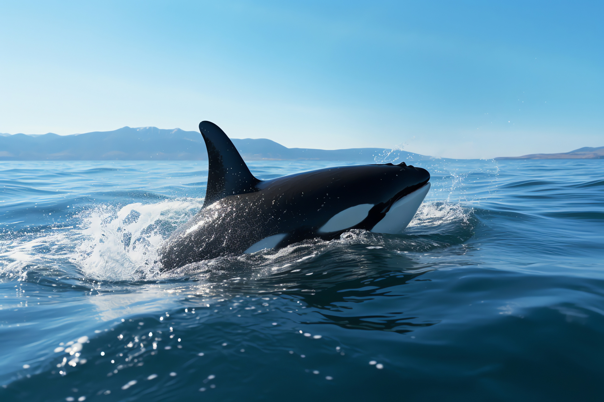 orca, open ocean, black and white pattern, deep blue sea, dorsal fin, intelligence, HD Desktop Wallpaper