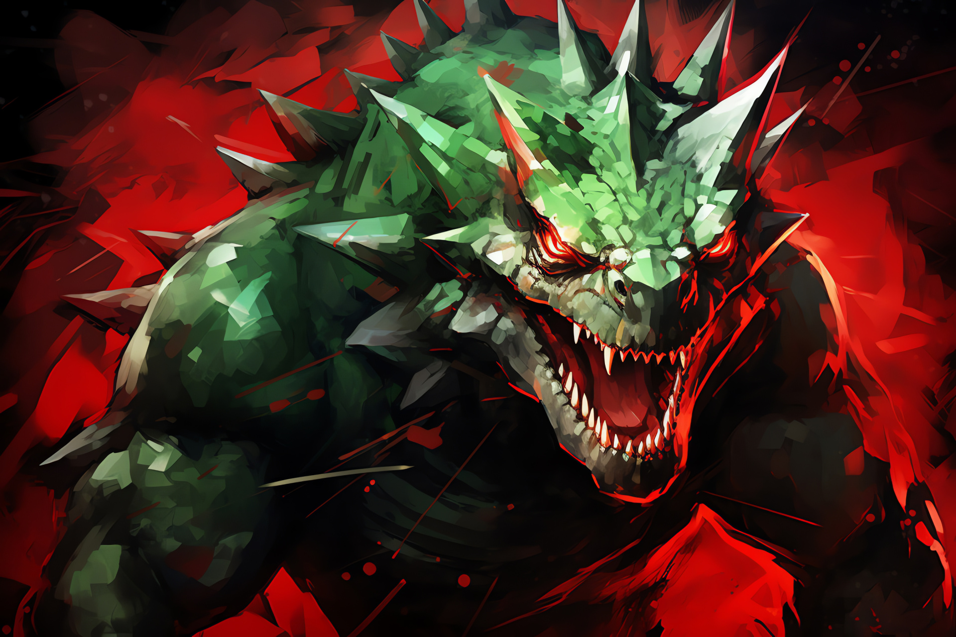 Pokemon character Tyranitar, fiery red gaze, dark green scales, menacing Pokemon posture, crimson surround, HD Desktop Wallpaper