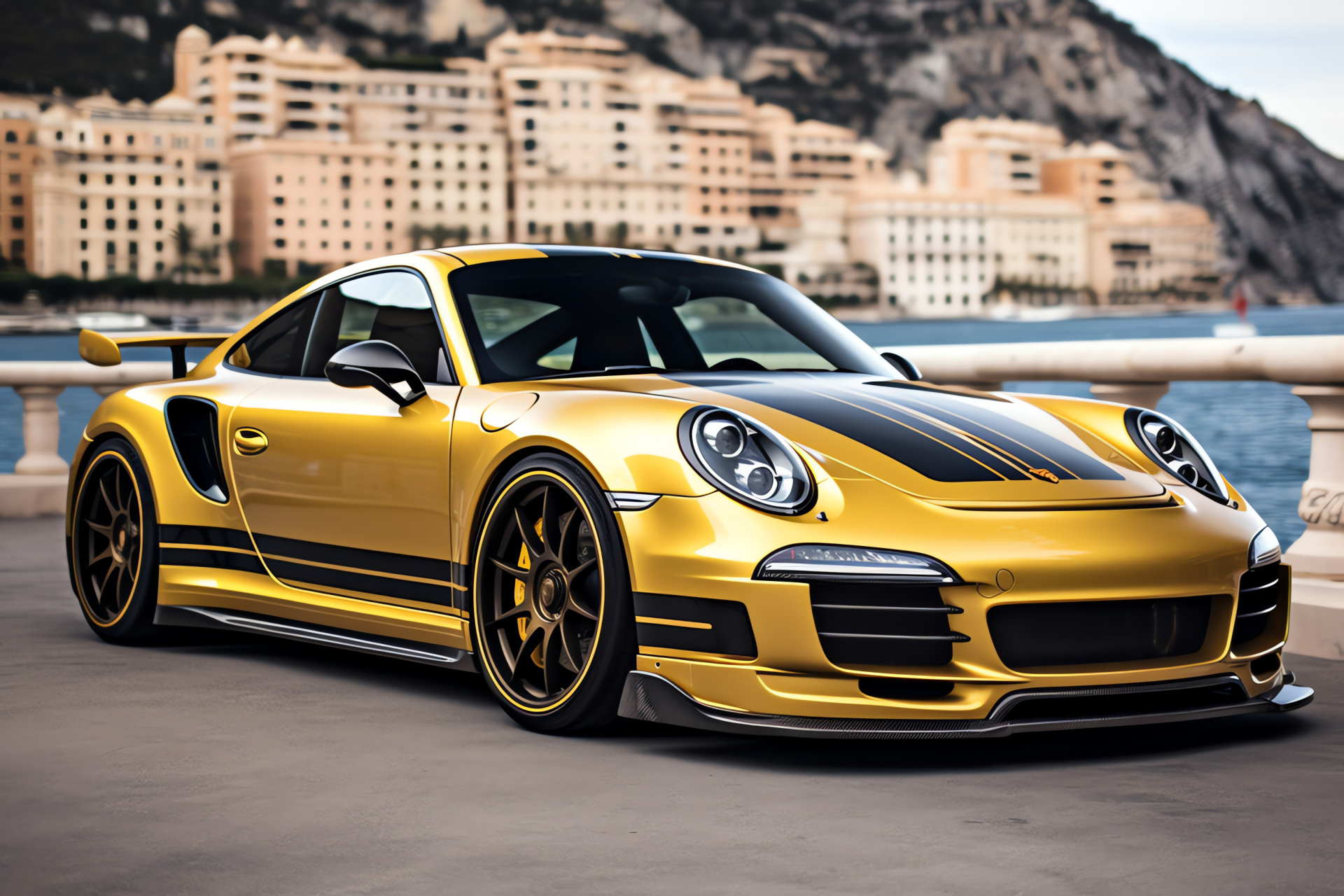 Veilside Porsche 911, Monaco race circuit, Performance body enhancements, Supercar acoustic power, Mediterranean luxury backdrop, HD Desktop Image