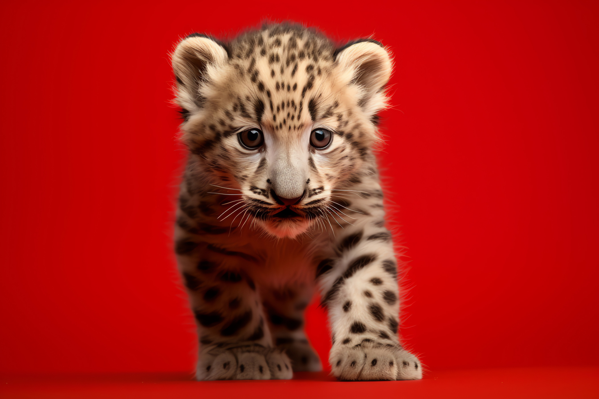 Snow Leopard, Playful cub, Golden fur, Vibrant energy, Red contrast, HD Desktop Wallpaper