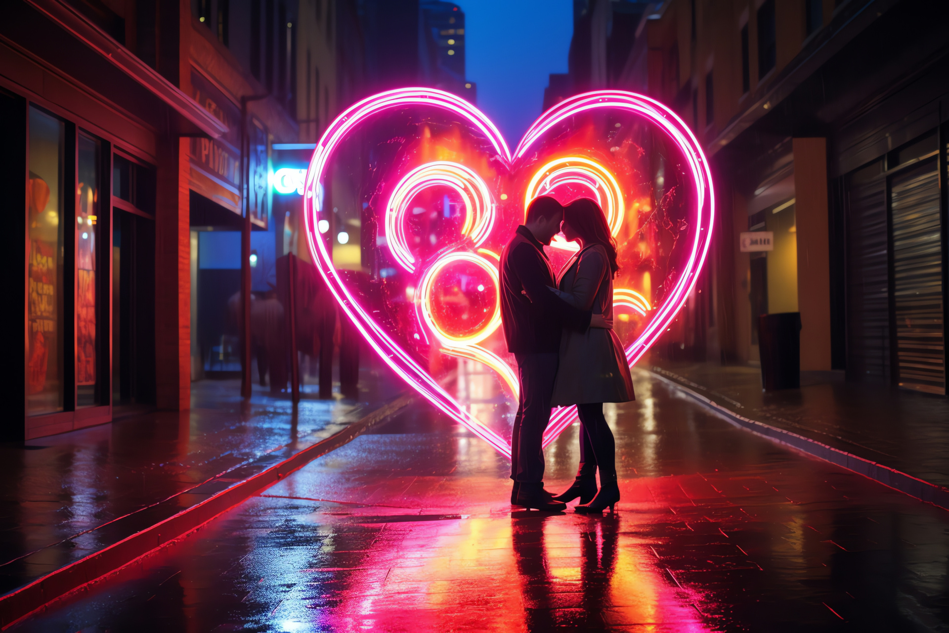 Festive Valentine, glowing signage, urban panorama, radiant city illuminations, dampened streets, HD Desktop Image