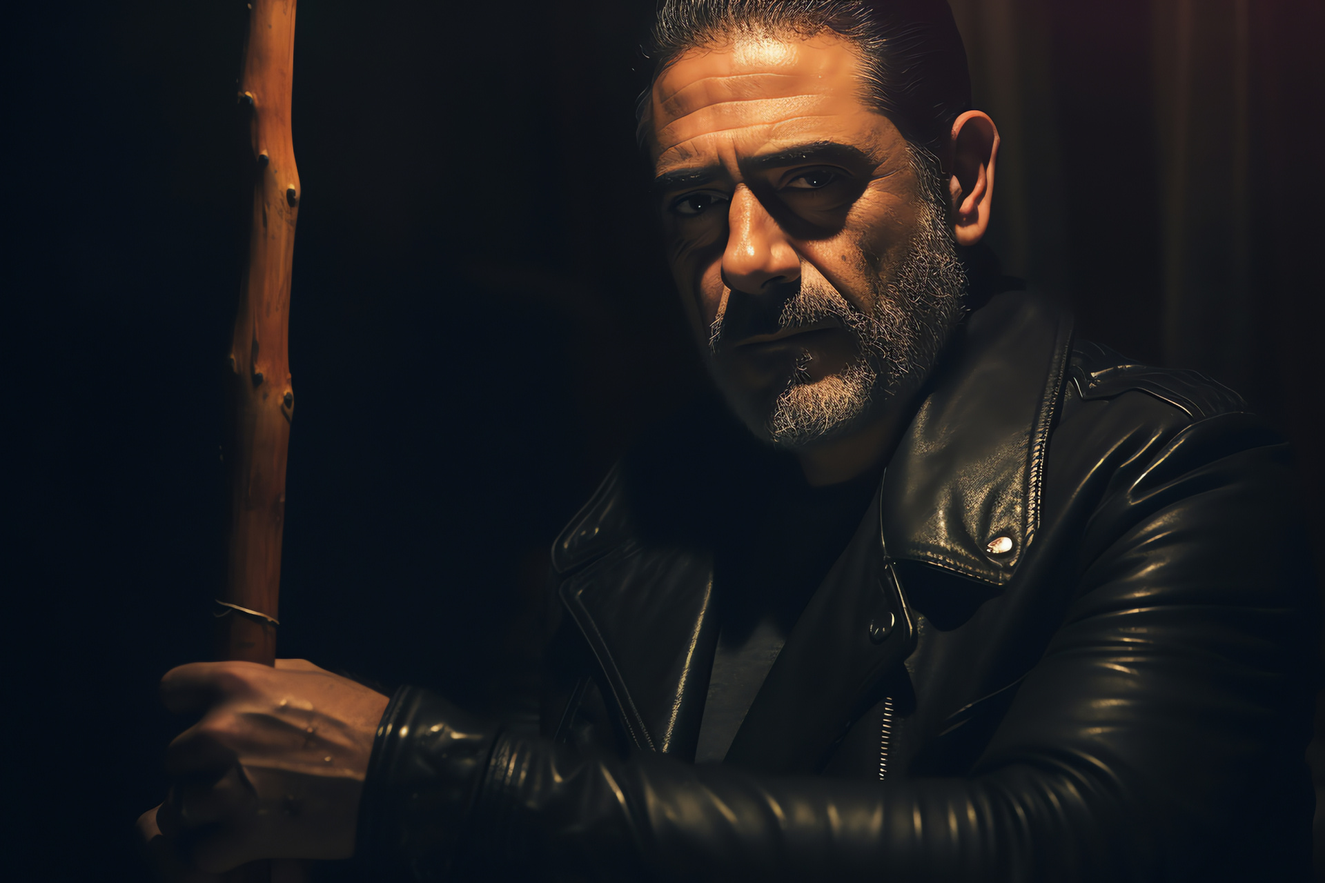 Negan's dynamic posture, Jeffrey Dean Morgan scene, Dramatic engagement, Action-filled frame, Intense lighting, HD Desktop Wallpaper