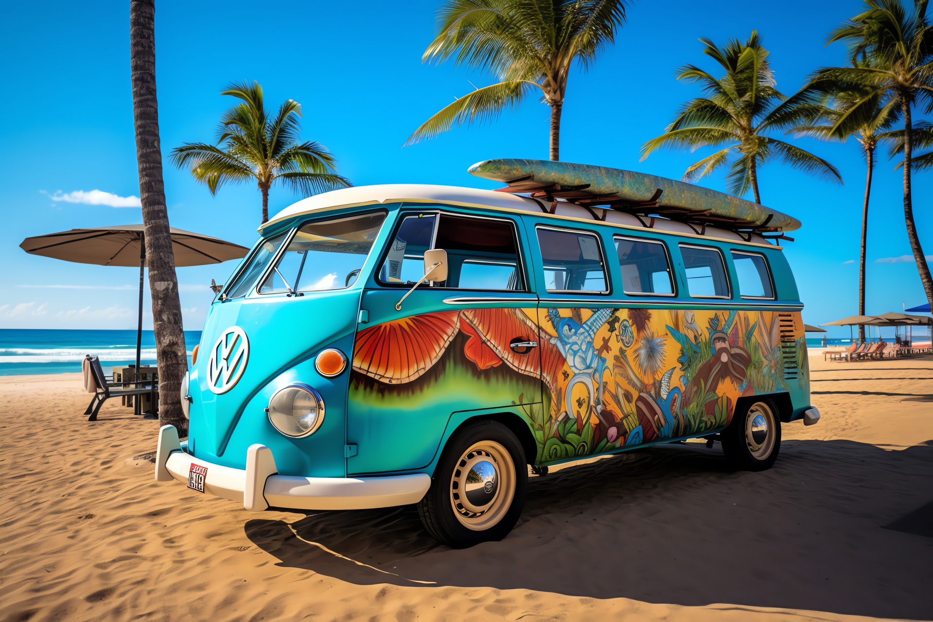 Volkswagen Kombi vintage, Iconic Brazilian van, Rio de Janeiro culture, Mural-decorated mobile caf, Scenic Brazilian beaches, HD Desktop Image