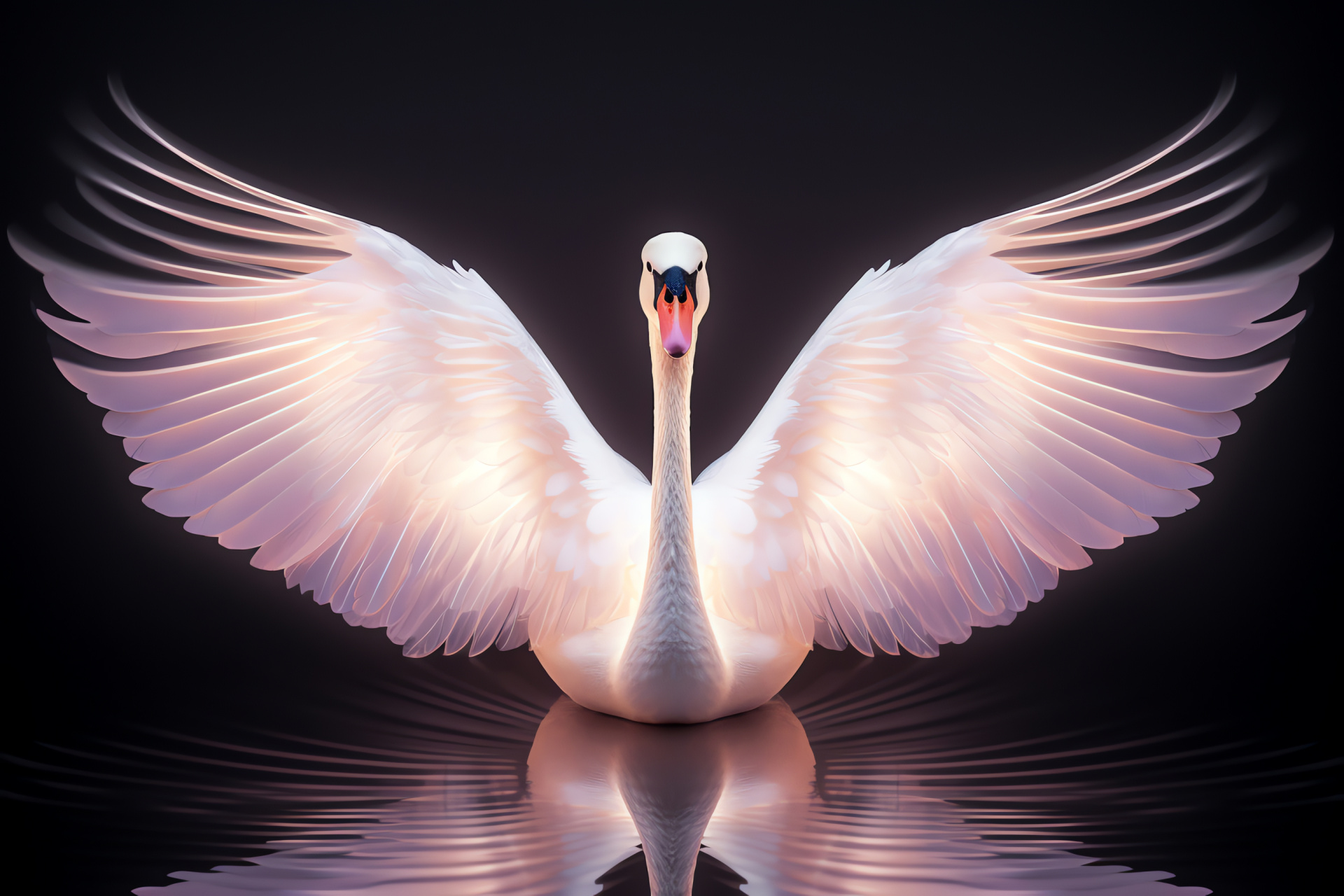 Swan display, Feathered magnificence, Winged splendor, Pristinity embodied, Luminous effect, HD Desktop Image