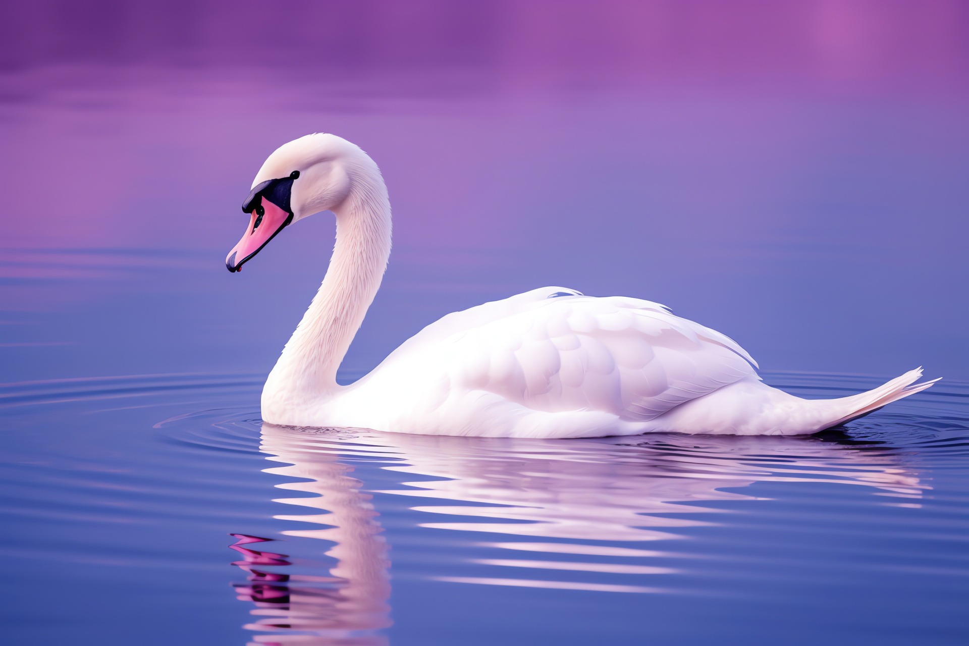 Regal swan presence, Quiet lake surface, Majestic purple aura, Unspoiled backdrop, Grace on water, HD Desktop Wallpaper