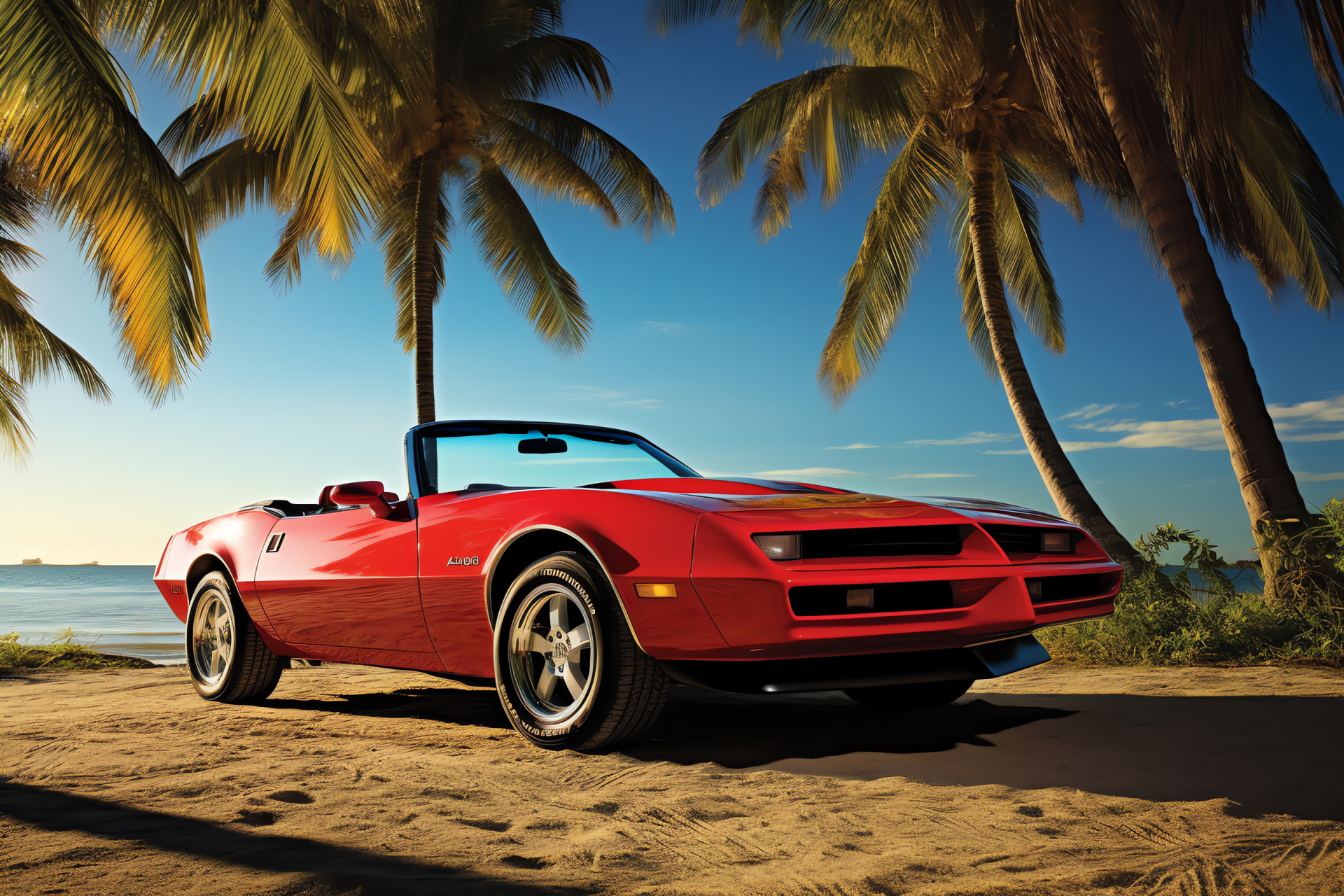 Pontiac Firebird Esprit, Seashore setting, Convertible enjoyment, Tropical ambiance, Stylish appearance, HD Desktop Wallpaper