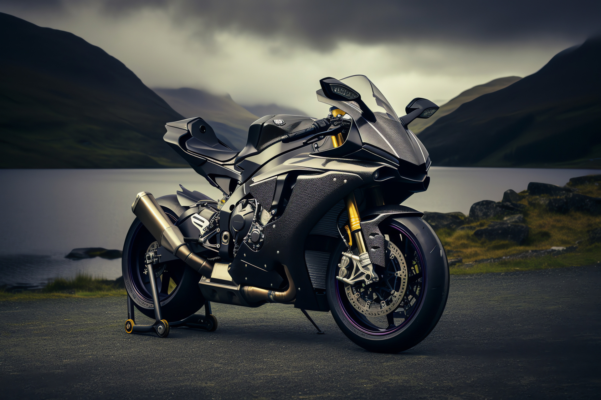 Yamaha R1M, Scottish Highlands path, superior superbike, winding road, tranquil lakes scenery, HD Desktop Wallpaper