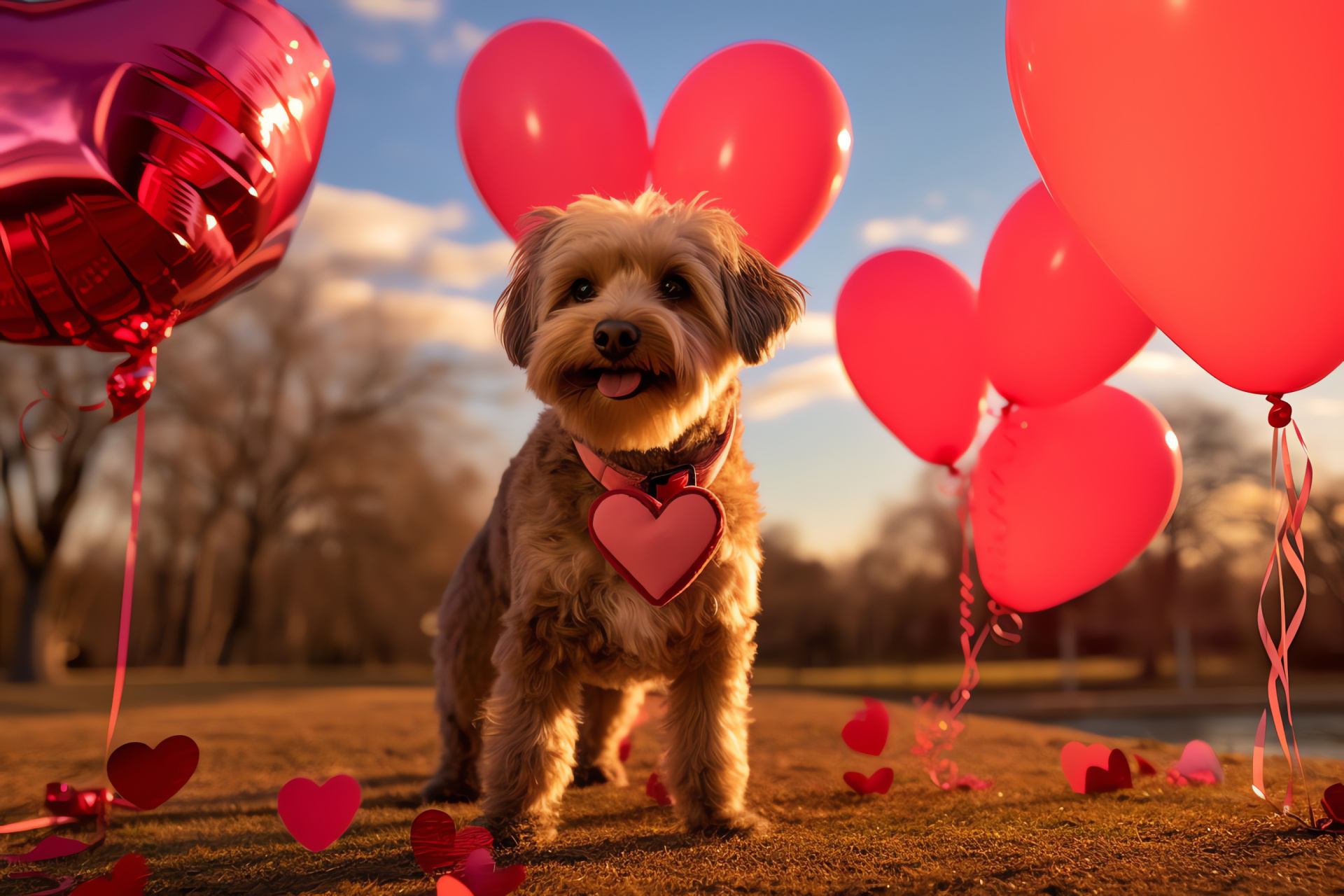 Festive Valentine dog, Cupid guise, Feathered accessories, Love archery, Aerial inflatables, HD Desktop Image