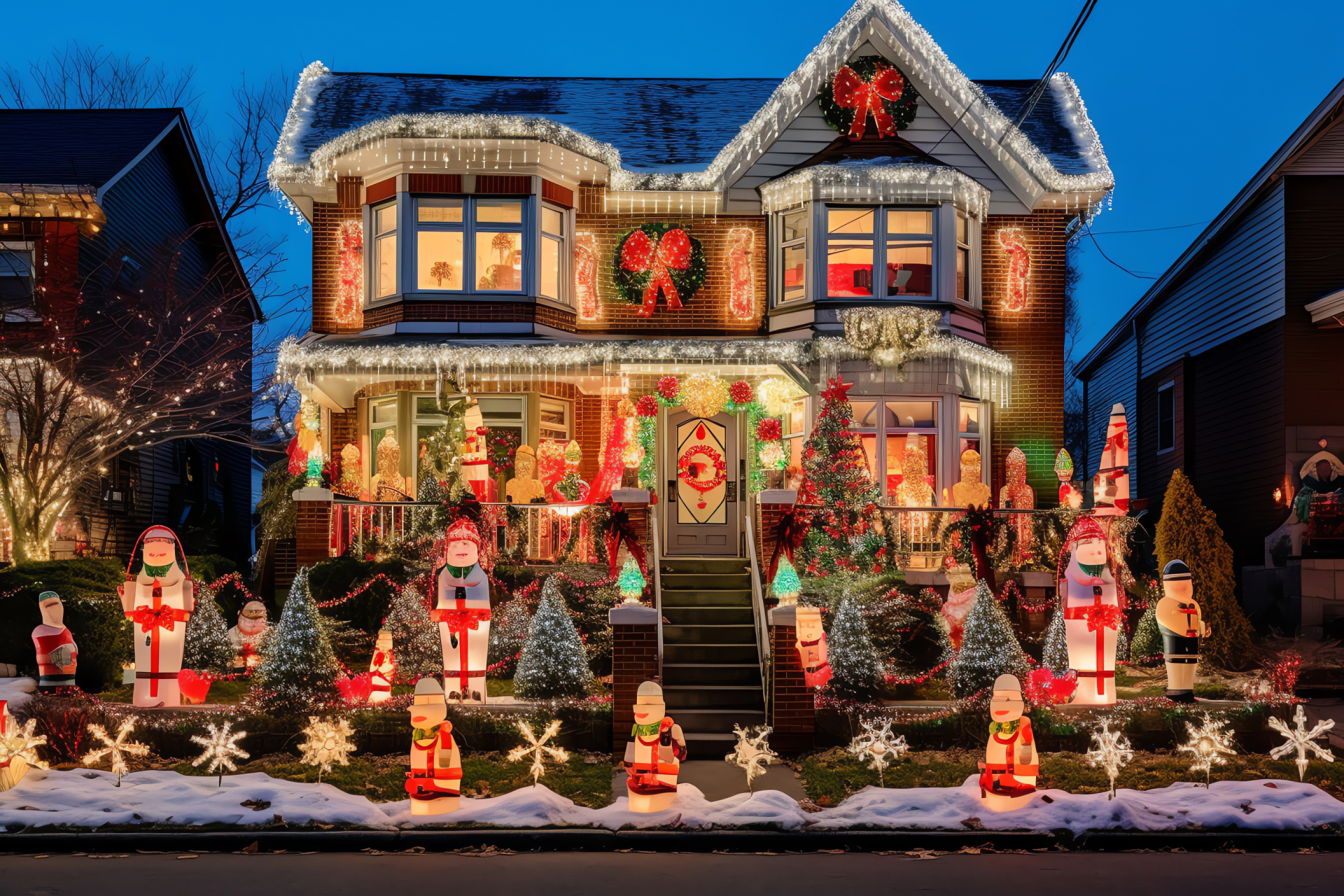 New York Christmas, Dyker Heights grandeur, illuminated facades, inflatable characters, yuletide joy, HD Desktop Image