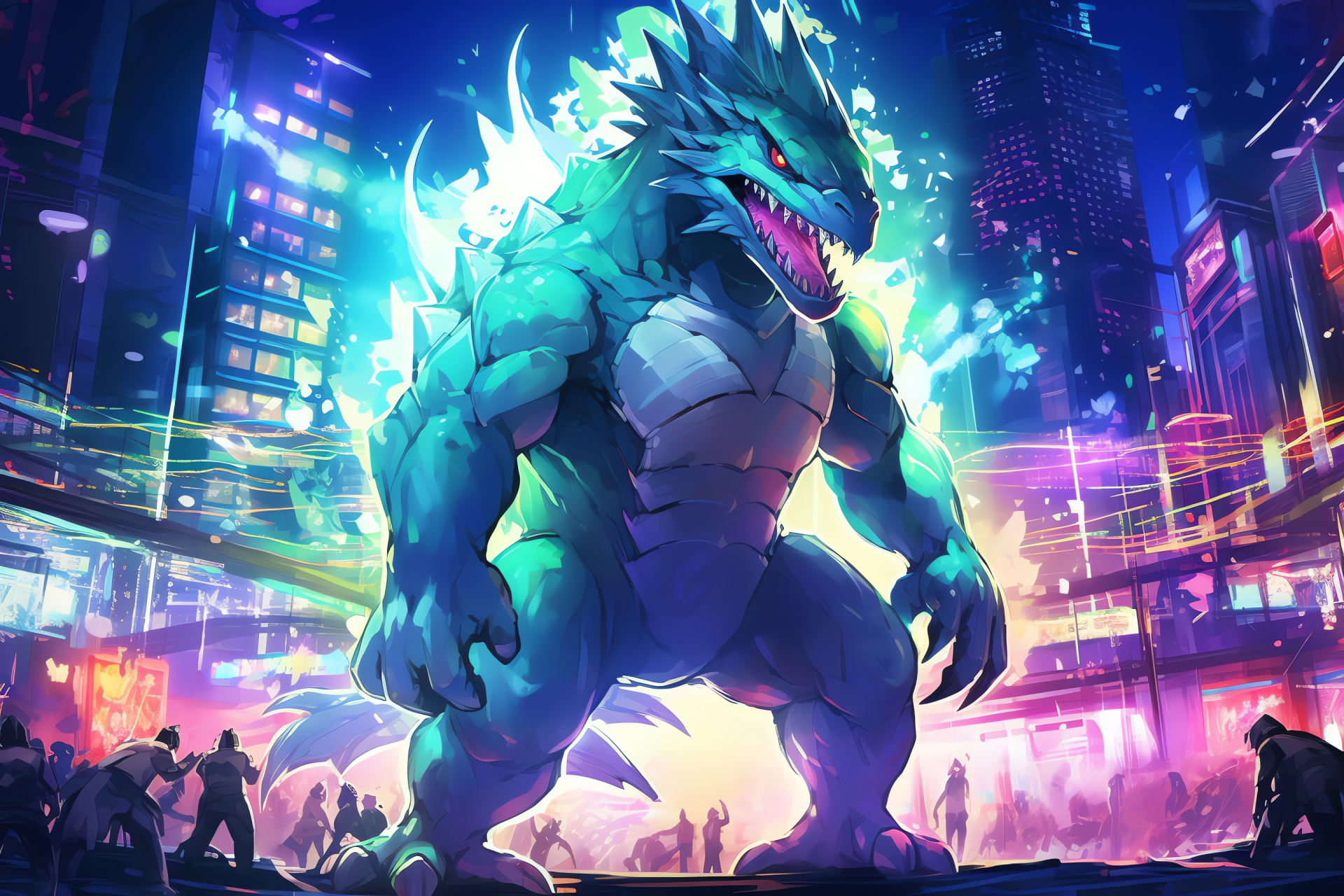 Tyranitar in the city, Pokmon battle, urban setting, animated character, dynamic ambiance, HD Desktop Wallpaper