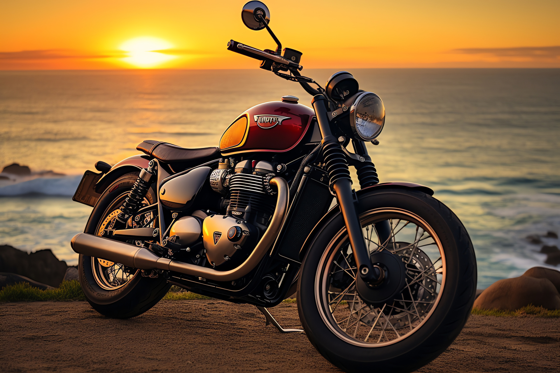 Triumph Bonneville California Bobber, Coastal sunset ride, Pacific overlook, American motorcycle culture, Cliffside roads, HD Desktop Wallpaper