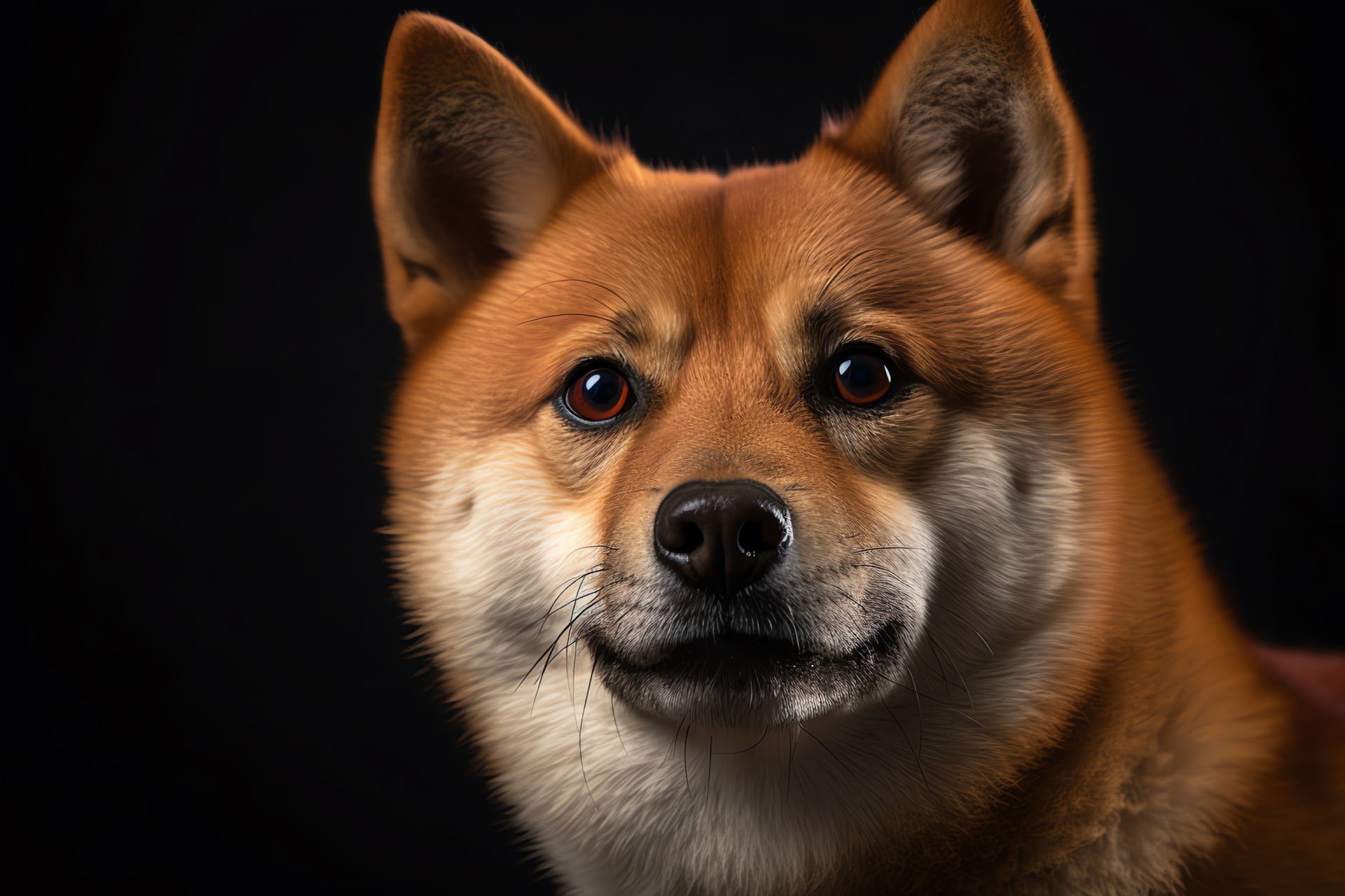 Shiba Inu, Japanese breed, Canine profile, Glossy black backdrop, Expressive eyes, HD Desktop Image