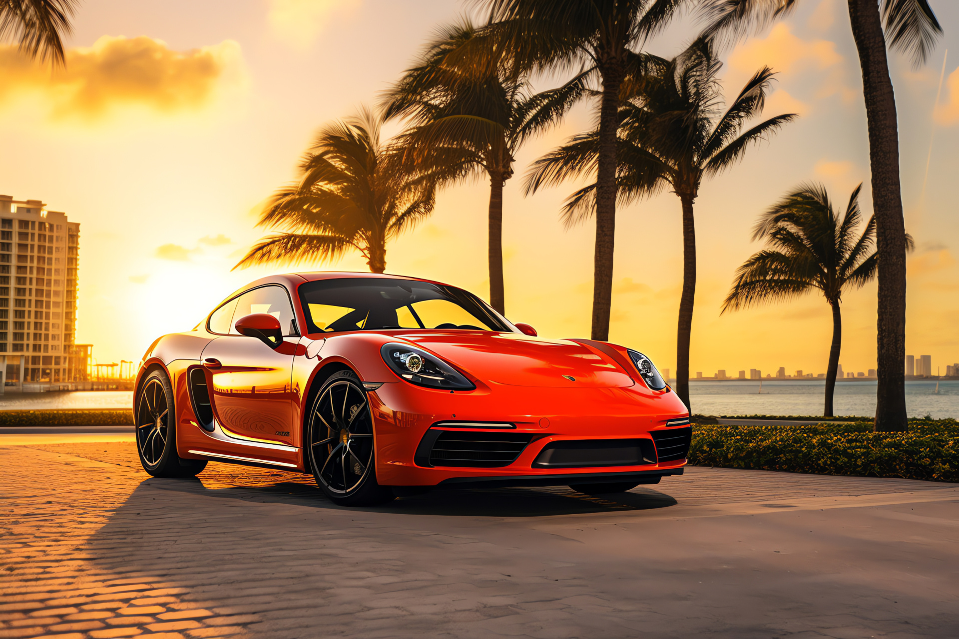 Porsche GTS 718, Sports car in Miami, Orange coupe design, Ocean drive, Palm-lined streets, HD Desktop Wallpaper