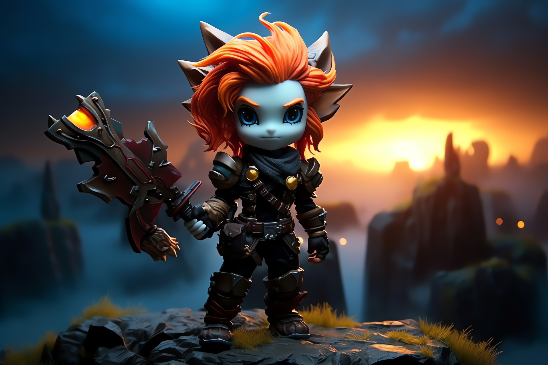 Tristana Yordle sharpshooter, Striking crimson hairstyle, Emerald-colored eye depiction, Bold monochrome composition, Gunners stance, HD Desktop Wallpaper