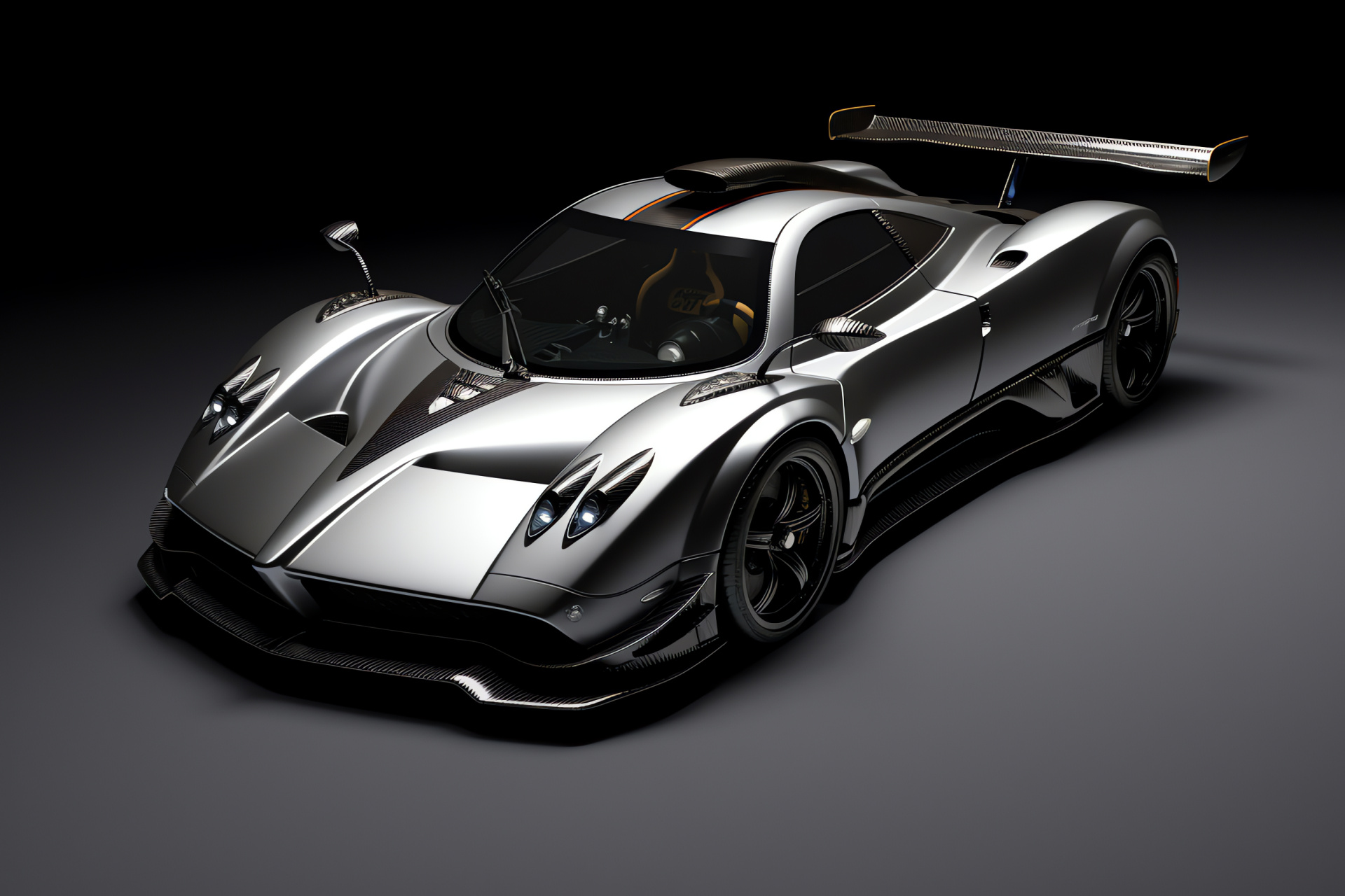 Pagani Zonda F, Elevated perspective, Artistic backdrop, Sleek silver finish, Exclusive appearance, HD Desktop Wallpaper